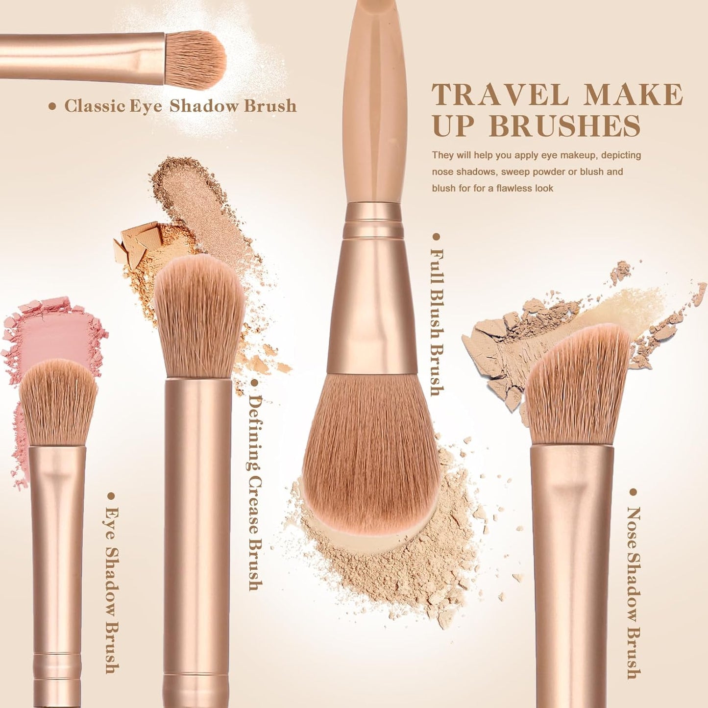 Travel Makeup Brush Set, travel make up brushes sets mini eye shadow kits small size eyeshadow case eyes makup brushed makeuo soft brushs basic cosmetic profesional tools (Apricot)
