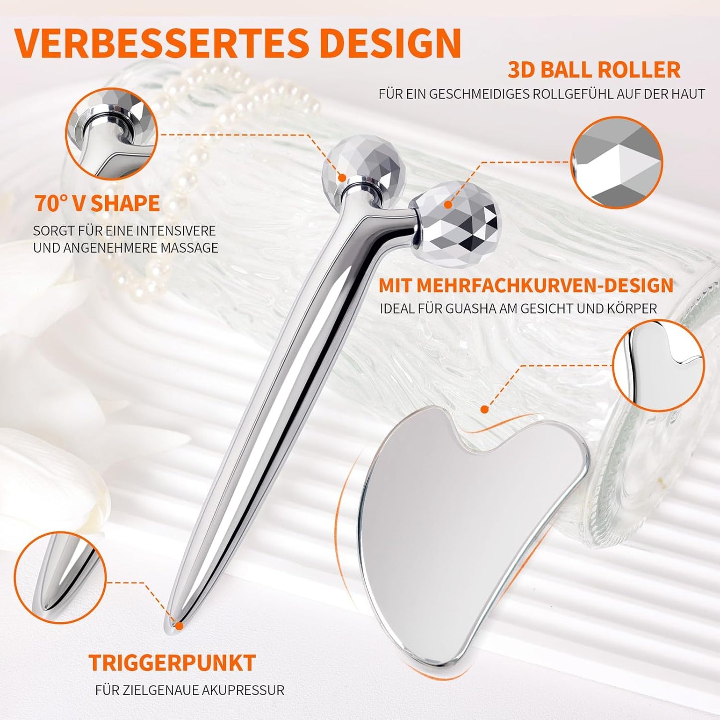 3D Gua Sha Facial Tools Metal Face Roller Stainless Steel Gua Sha Set Cooling Massage Tools for Reduce Puffiness, Firm Skin, Anti-Aging Care - Daily Facial Sculpting Gift for Women