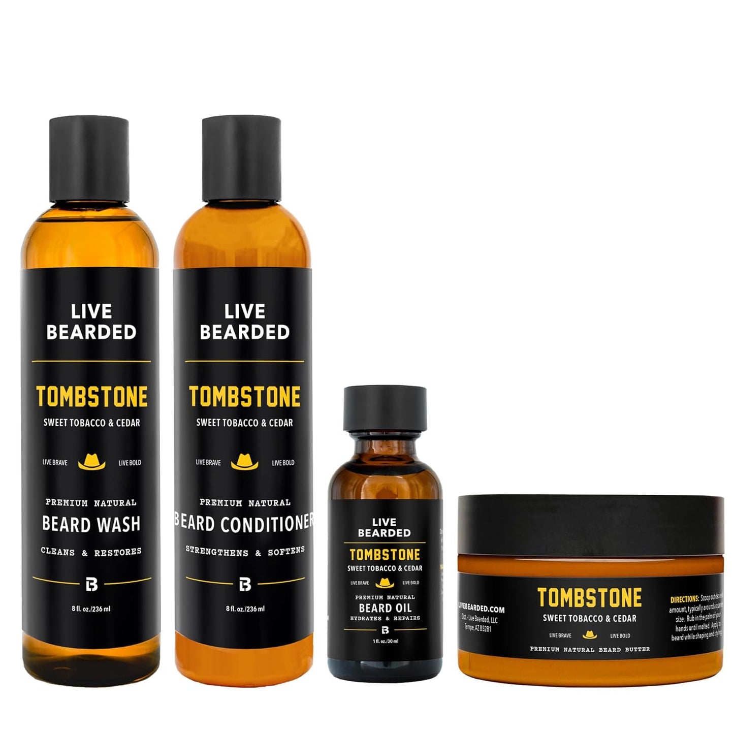 Live Bearded Complete Beard Grooming Kit, Made in the USA with All-Natural Ingredients - Beard Wash, Conditioner, Beard Butter & Beard Oil Kit - Mens Gift Set, in Scent Tombstone, Tobacco & Cedar