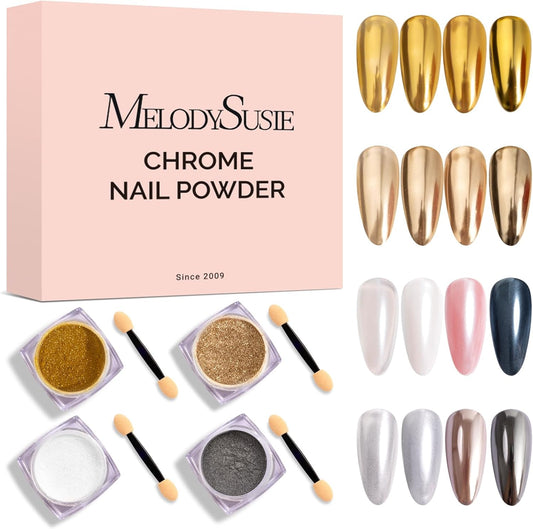 MelodySusie 4Pcs Chrome Nail Powder for Gel Nails, Aurora Fine Glitter Powder Mirror Effect Pigment Pearlescent Mermaid Pigment Pearl Glitter for Home DIY Salon Use