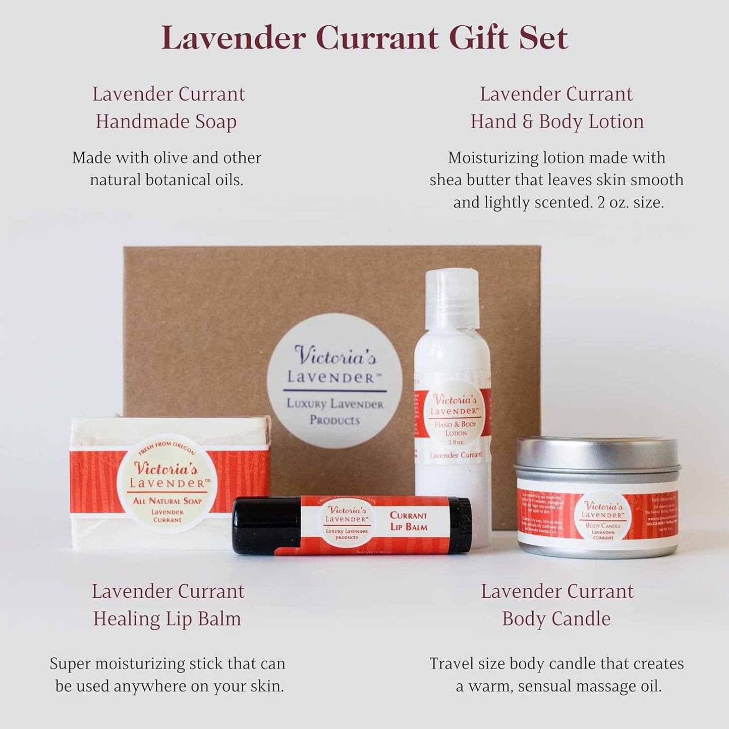 Victoria's Lavender Natural Body Products Gift Set - Handmade Soap, Hand & Body Lotion, Lip Balm, Body Candle Skin Care Sets & Kits, Lavender Bath and Body Products for Women, Lavender Currant