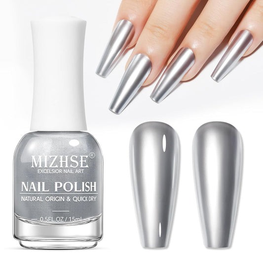 MIZHSE Silver Mirror Nail Polish, Quick Dry Metallic Nail Polish, Air Dry Fast Chrome Nail Lacquer Bright Color Oil-based Nail Art Manicure Home DIY