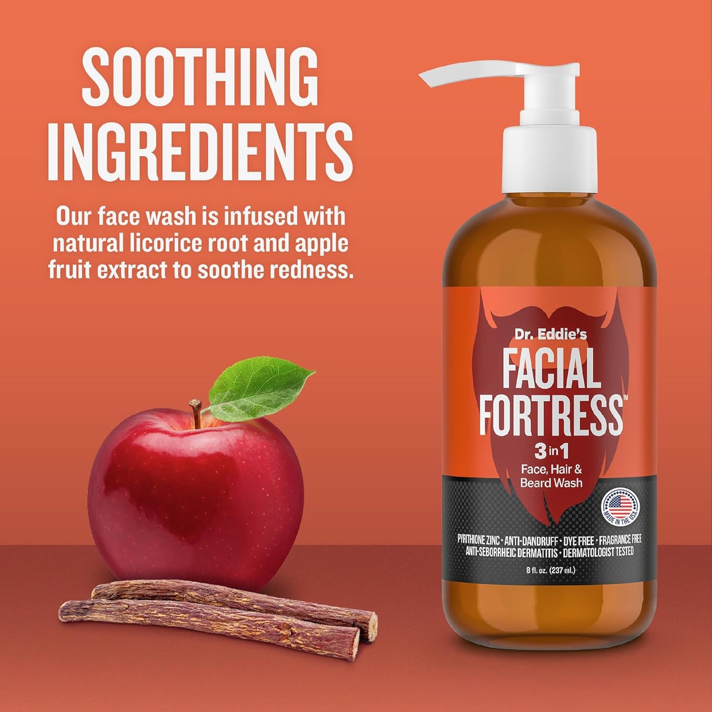 Dr. Eddie's Facial Fortress 3 in 1 Face, Hair, & Beard Wash - Beard Dandruff Shampoo for Men, Beard Cleanser, Face Wash, Beard Care, Face Soap with Pyrithione Zinc - 8 Fl Oz (Pack of 1)