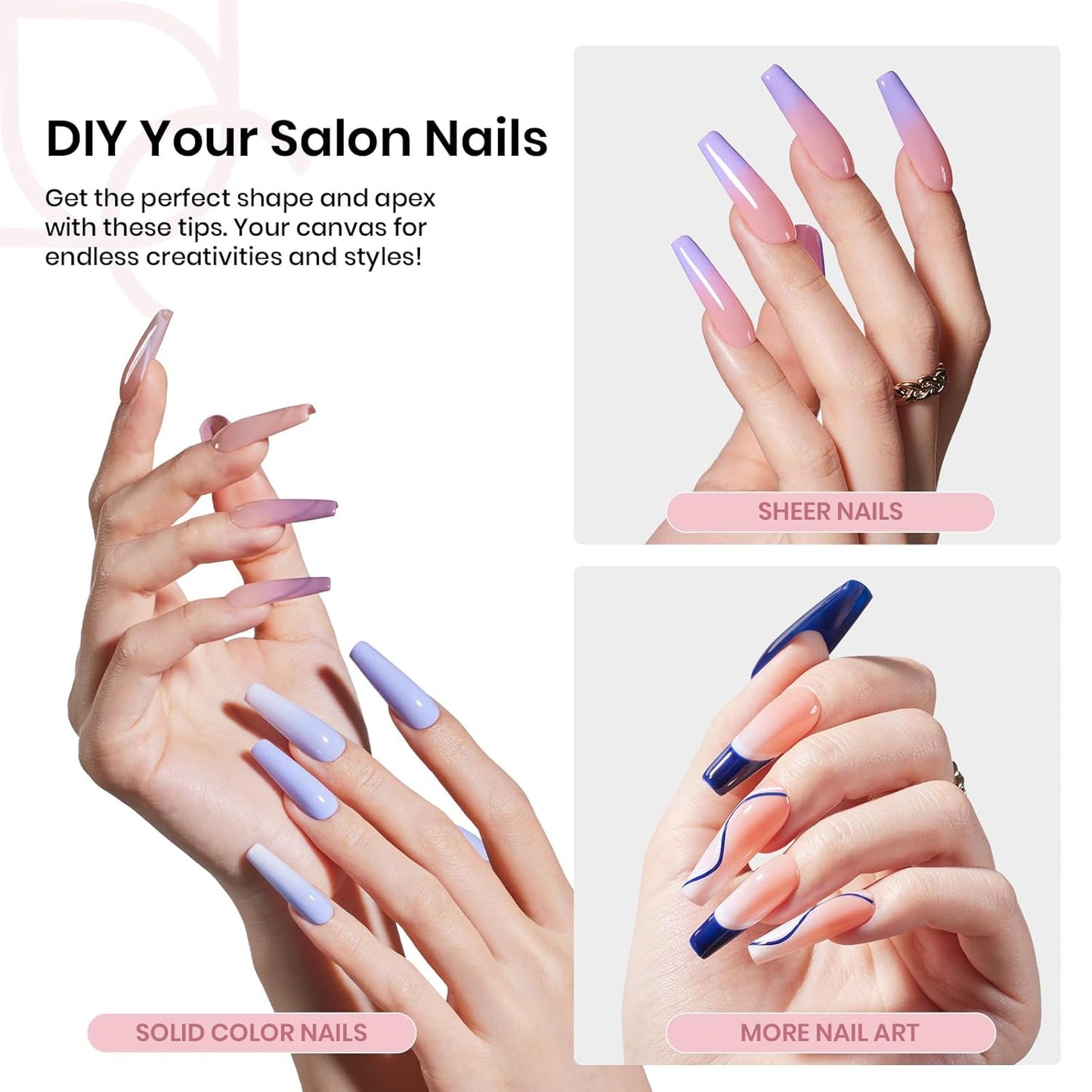 Beetles Tipex Instant Apex Nail Tips, 2 Boxes 256 PCS (Total 512 PCS), Pre-etched Long Coffin Acrylic Gel Nail Tips, Thick Clear Full Cover False Nails