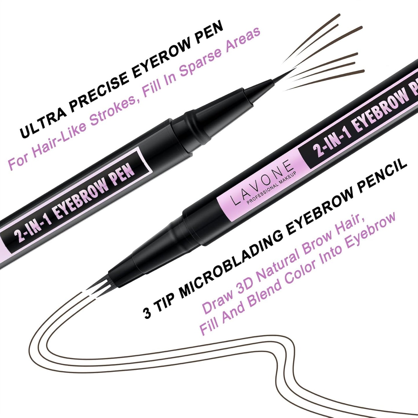 LAVONE Eyebrow Pencil, 2-In-1 Waterproof Eyebrow Pen, with 3 Tip Microblading Eyebrow Pen and Ultra-Precise Brow Pencil, Dual-ended Eyebrow Brush, for Eyebrow Makeup - Ebony