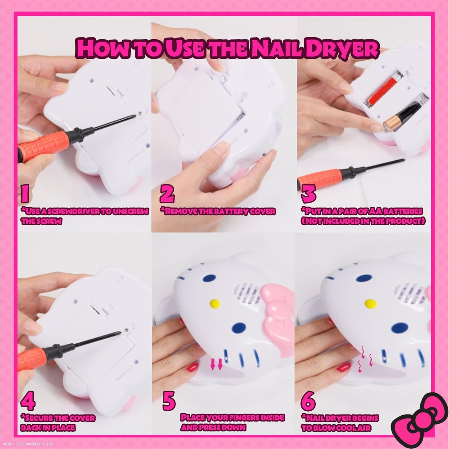 Townley Girl Hello Kitty 8 Pack Non-Toxic Peel-Off Shimmer and Opaque, Water-Based Safe Nail Polish Set with Nail Dryer for Kids, AA Batteries Not Included, Ages 3 and Up