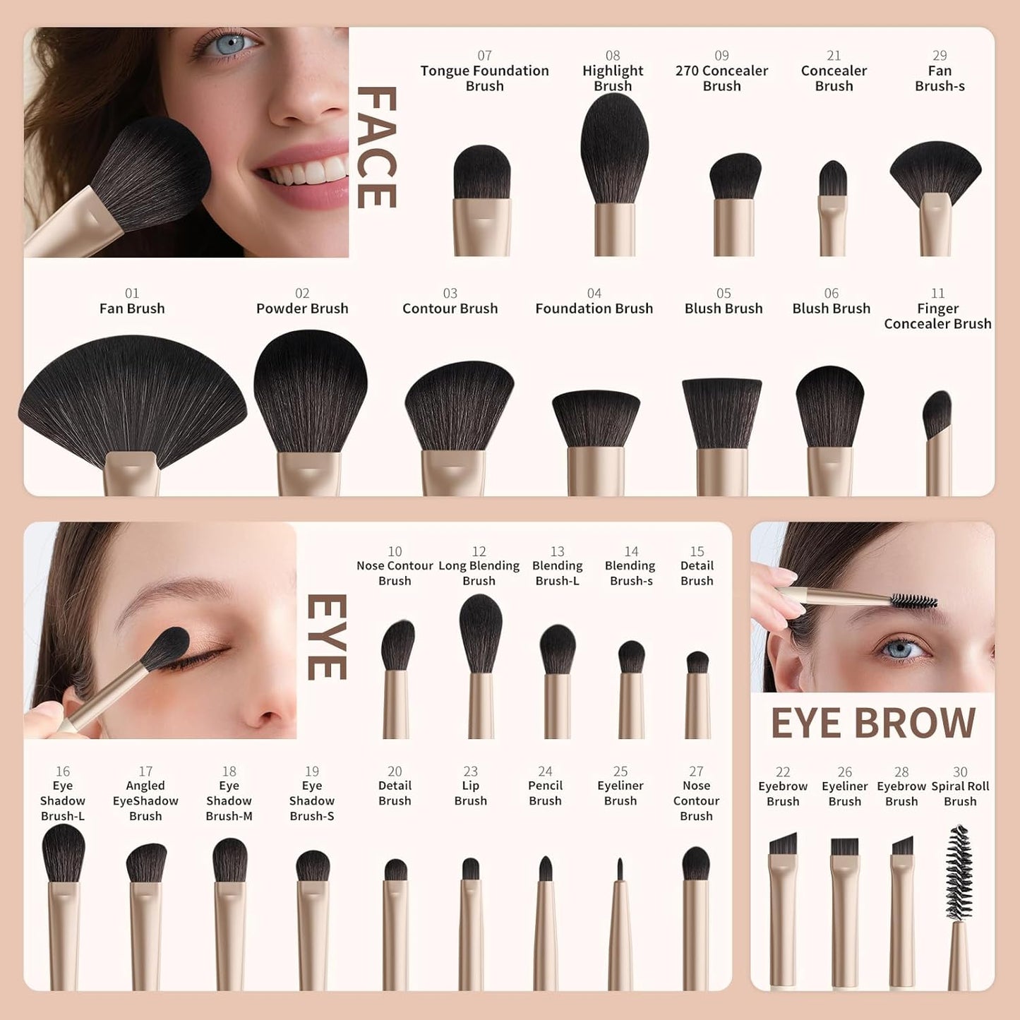 docolor Makeup Brushes Professional 30Pcs Make up Brushes Set Premium Synthetic Kabuki Foundation Blending Brush Face Powder Blush Concealers Eye Shadows Beige