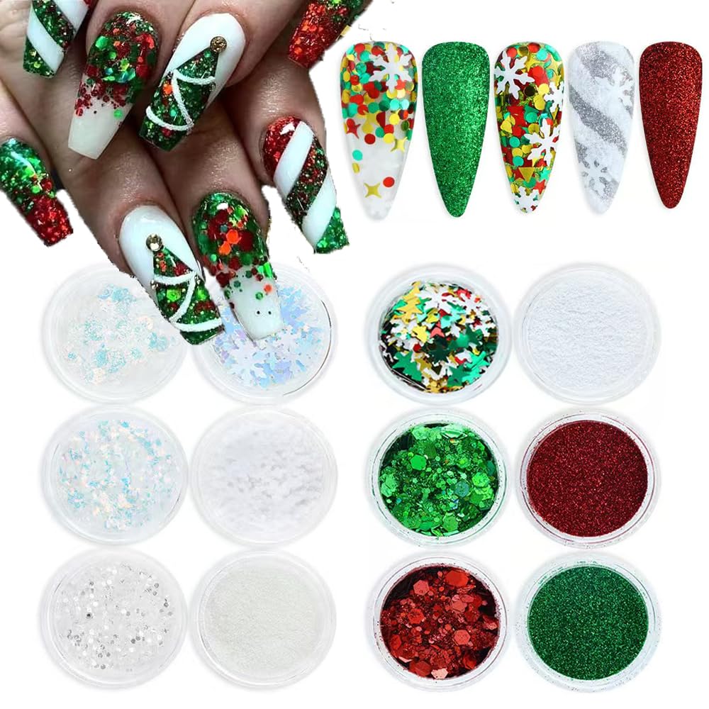 Christmas Nail Art Glitters Sequins, 12Boxes Winter Nail Art Decoration Flakes 3D Snowflake Nail Decals Red Green Nails Art Designs Holographic Christmas White Snowflake Glitters for Nails Decorations