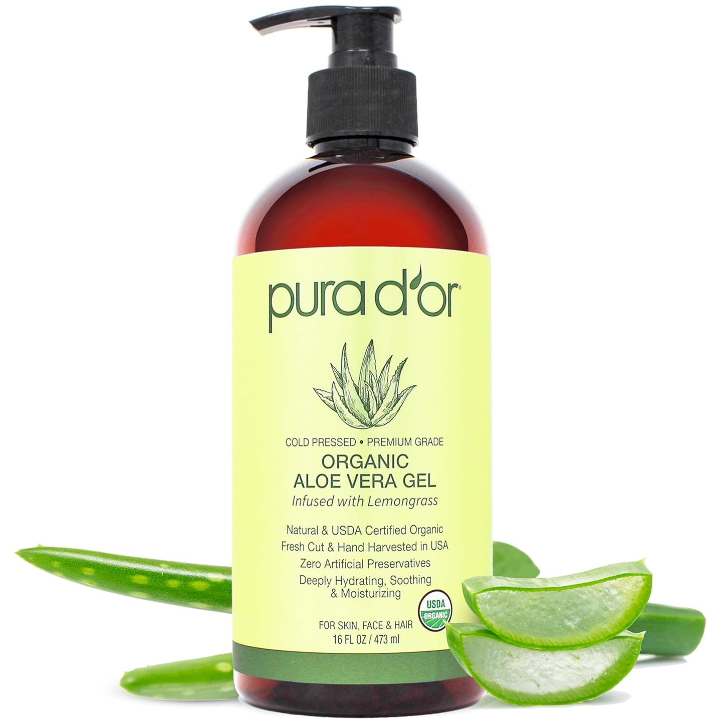 PURA D'OR 16 Oz ORGANIC Aloe Vera Gel - Lemongrass - All Natural - ZERO Artificial Preservatives - Deeply Hydrating & Moisturizing - Sunburn, Bug Bites, Rashes, Small Cuts, Eczema Relief - Skin & Hair