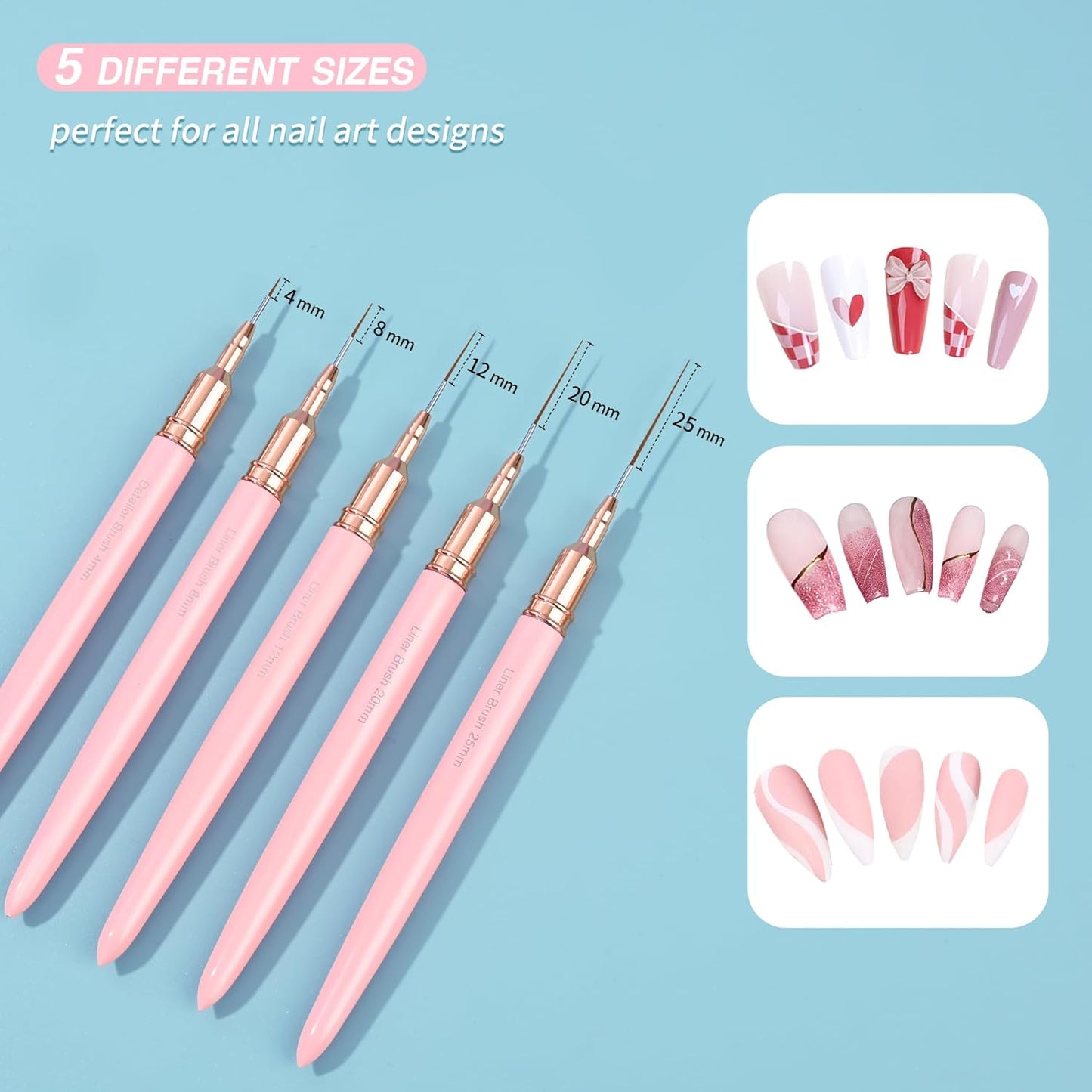 Metallic Nail Art Brushes, 5Pcs Nail Art Liner Brushes, Painting Art Design Brush Set Nail Dotting Drawing Tool for Long Lines, Thin Details, Fine Drawing Sizes 4/8/12/20/25mm, Pink