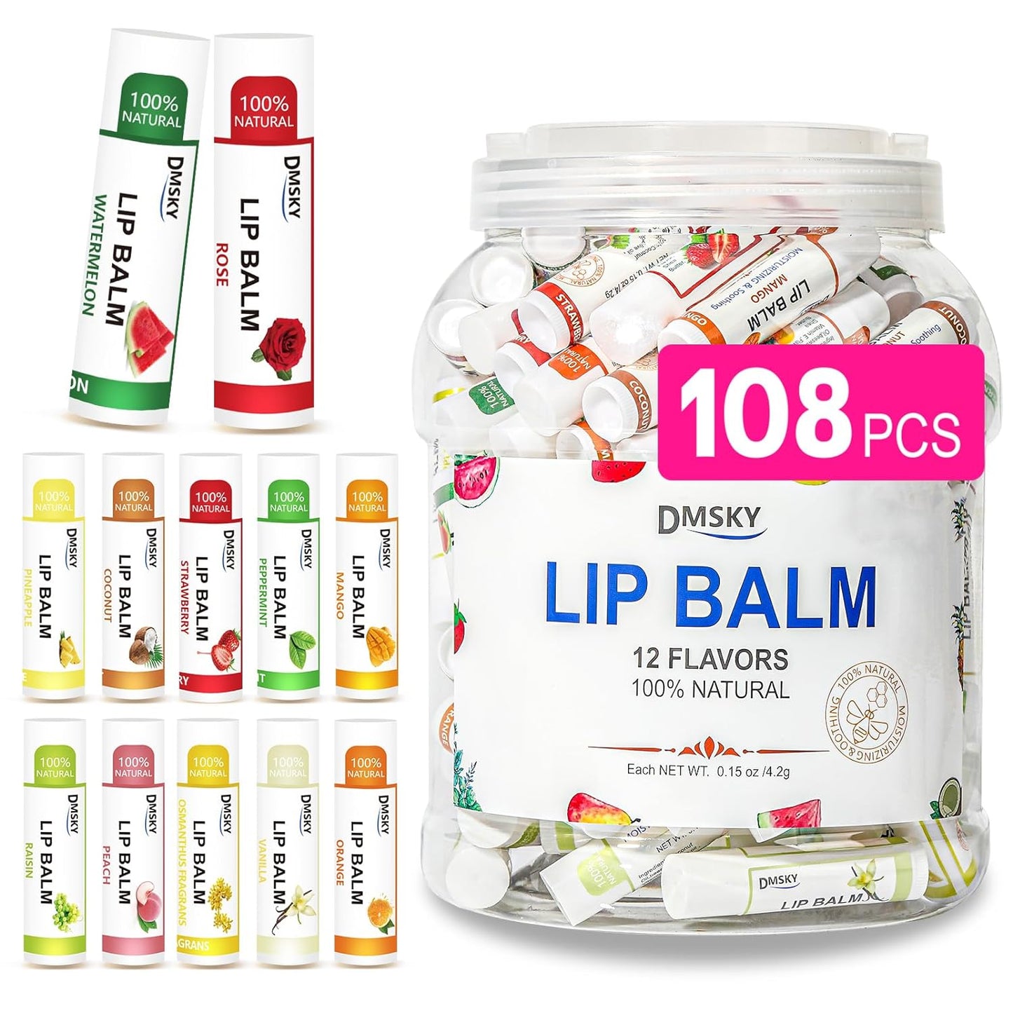 DMSKY Lip Balm Bulk 108 Pack, Lip Balm Hydrating with Vitamin E and Coconut Oil 12 Flavors, Lip Moisturizer Treatment - Party Favors Bulk Gift
