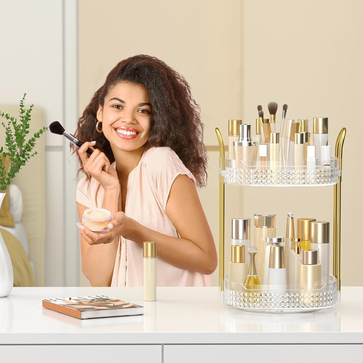 360 Rotating Makeup Organizer 2 Tier, Large Skincare Clear Make Up Storage Spinning Perfume Organizers for Bathroom Counter Dresser, White