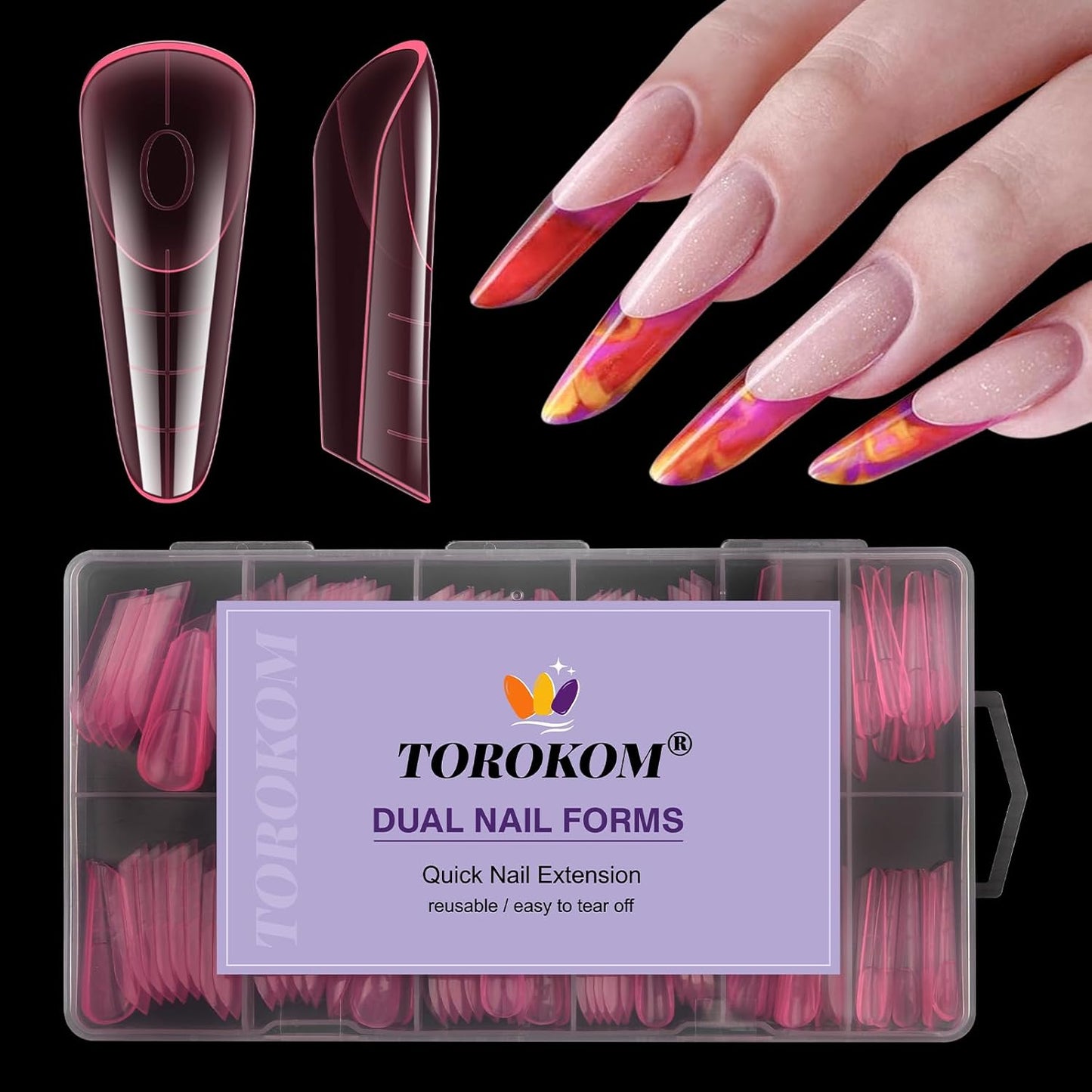 TOROKOM Poly Nail Gel Dual Nail Forms, 120 PCS Poly Nail Gel Stelitto Structure Nail Molds for Builder Gel Poly Extension Gel Nail Art Design Salon&DIY