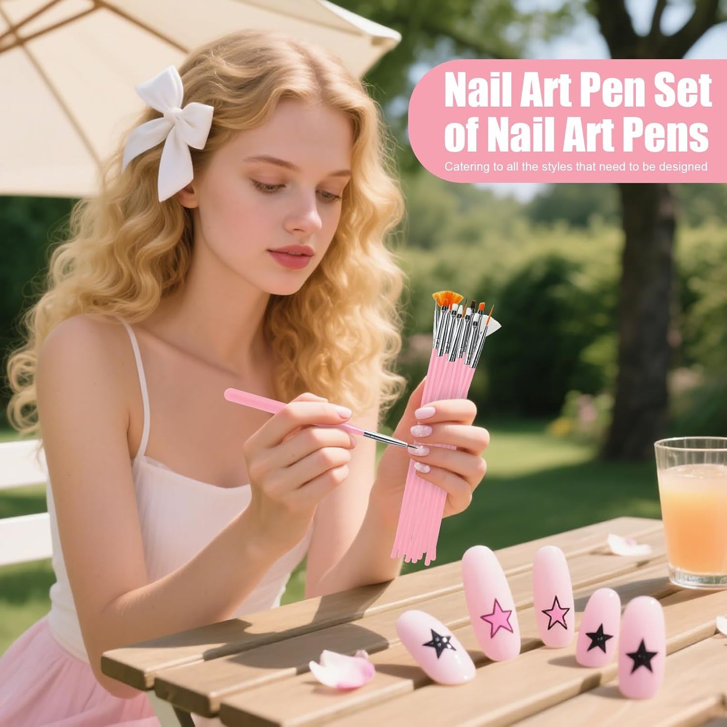 Artdone 15pcs Pink Nail Art Brushes, Nail Art Tool Set, Dotting Tools, Dust Brush,Striping Brushes for Long Lines, Drawing Pen For Gel Polish Design supply