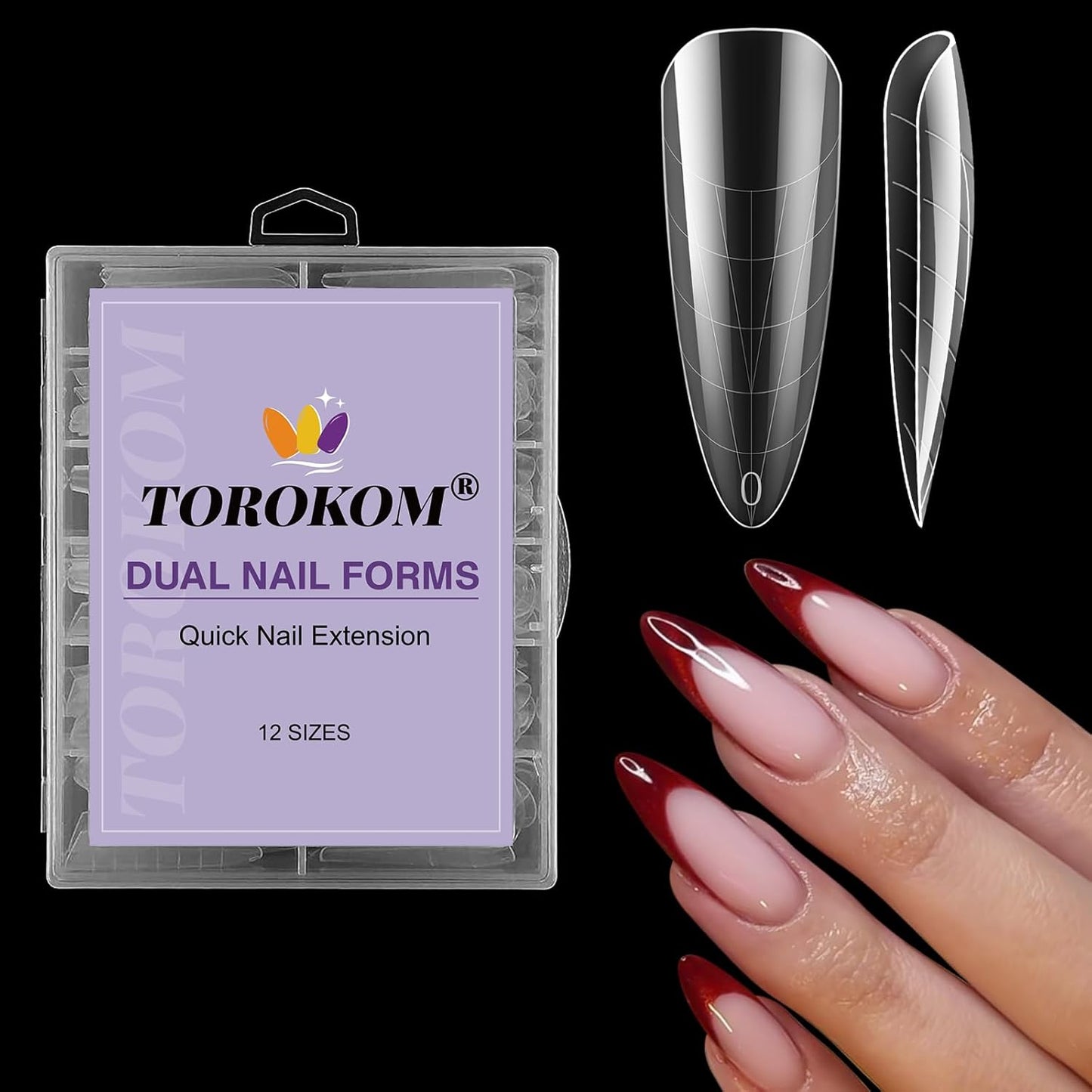 TOROKOM Nail Dual Forms for Poly Nail Gel, 120Pcs Stiletto Extension Gel Nail Molds Clear Acrylic Nail Tips, Full Cover Reusable Nail Forms for Builder Nail Gel Nail Art Design Salon&DIY