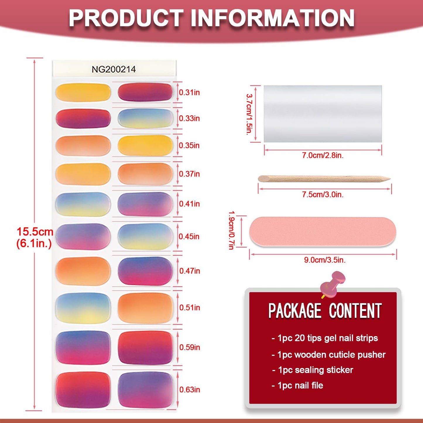 WOKOTO 20 Pcs Gradient Semi Cured Gel Nail Strips With Nail File & Wooden Stick Semicured Nail Polish Strips For Women Girls Gel Nail Wraps Uv Light Gel Nail Stickers Stick On Nails Gel Stickers