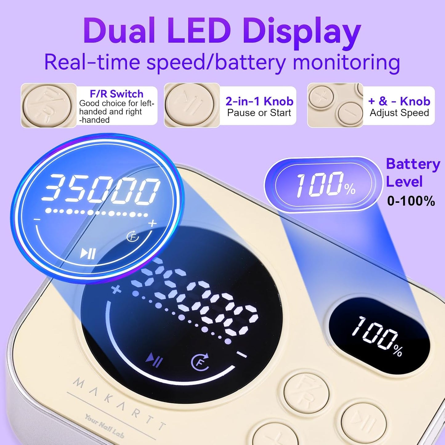 Makartt Electric Nail Drill: Rechargeable Nail Drill Machine 35000RPM, Adelise Ultra Smooth Portable E File Nail Grinder with Nail Bit