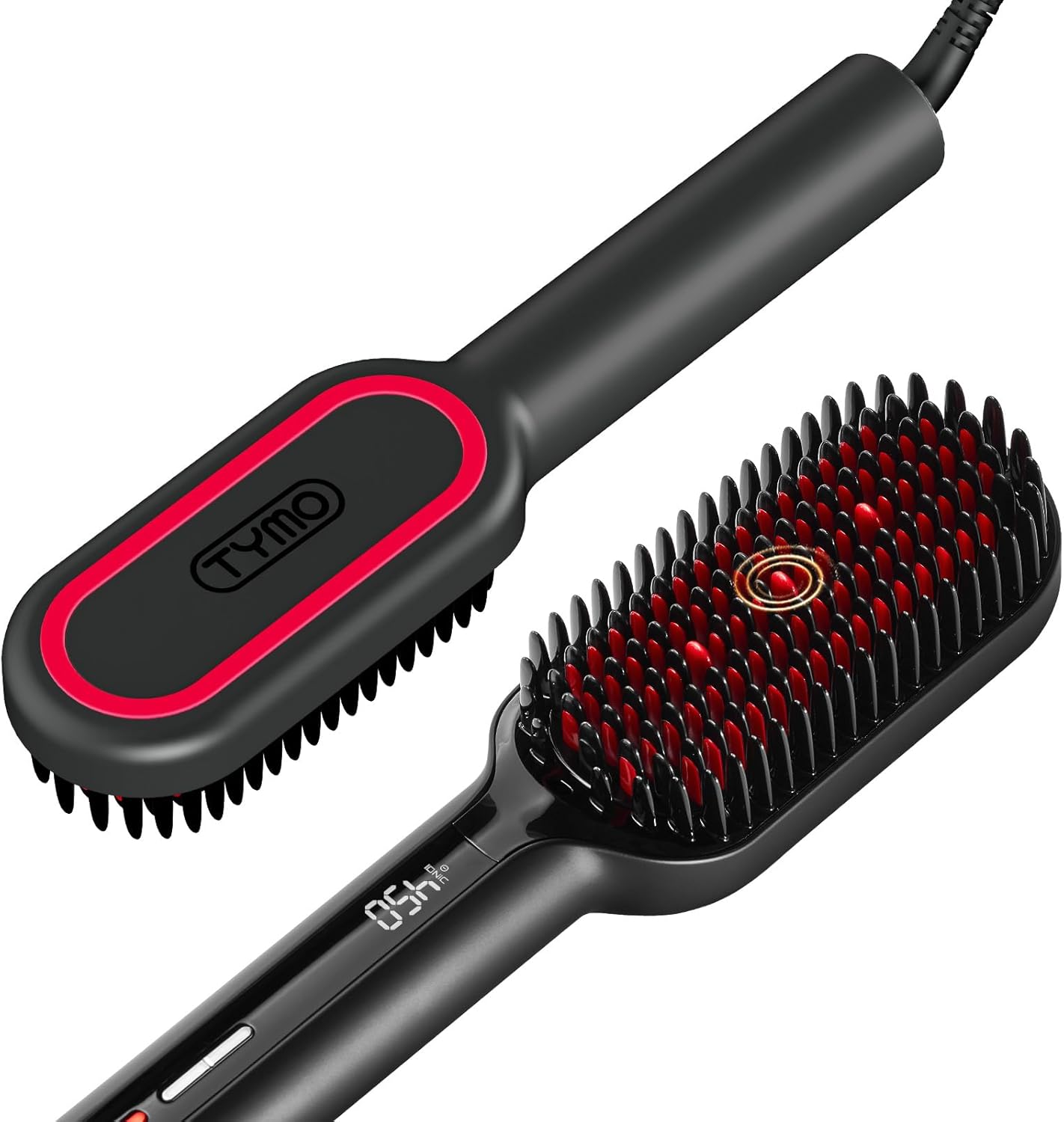 TYMO Hair Straightener Brush - Upgraded Ionic Plus Straightening Brush with Dense Bristles, 16 Temps, Dual Voltage | Ceramic Hot Comb for Women | Flat Iron for Thick Curly Hair, Black