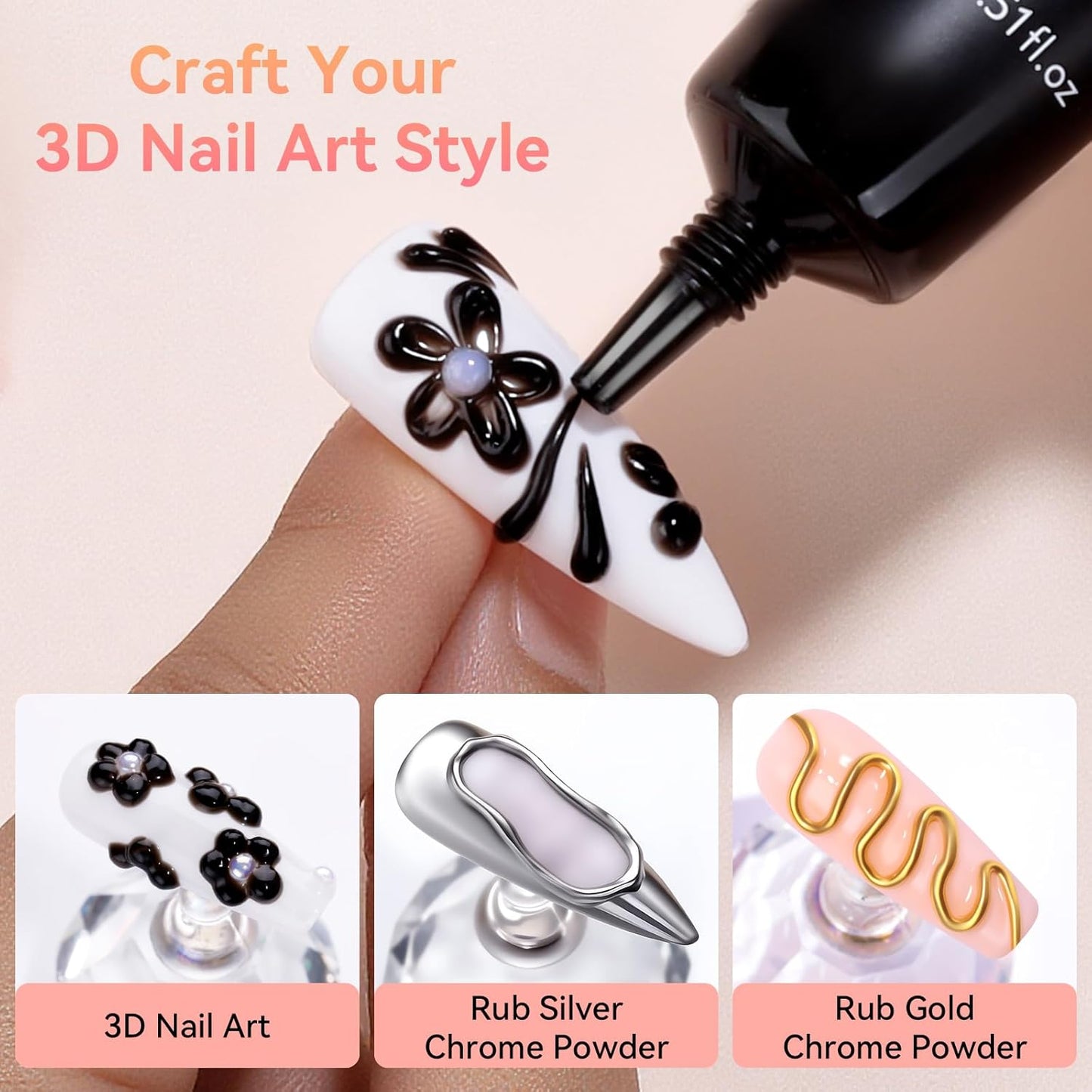 Makartt 3D Gel Nail Art: 15g Sculpting Gel Nail Art Glue for Craving Black Candy Molding Gel No Wipe Embossed Gel Polish Rhinestone Nails Charm Glue Decoration Manicure Designs (Noir)