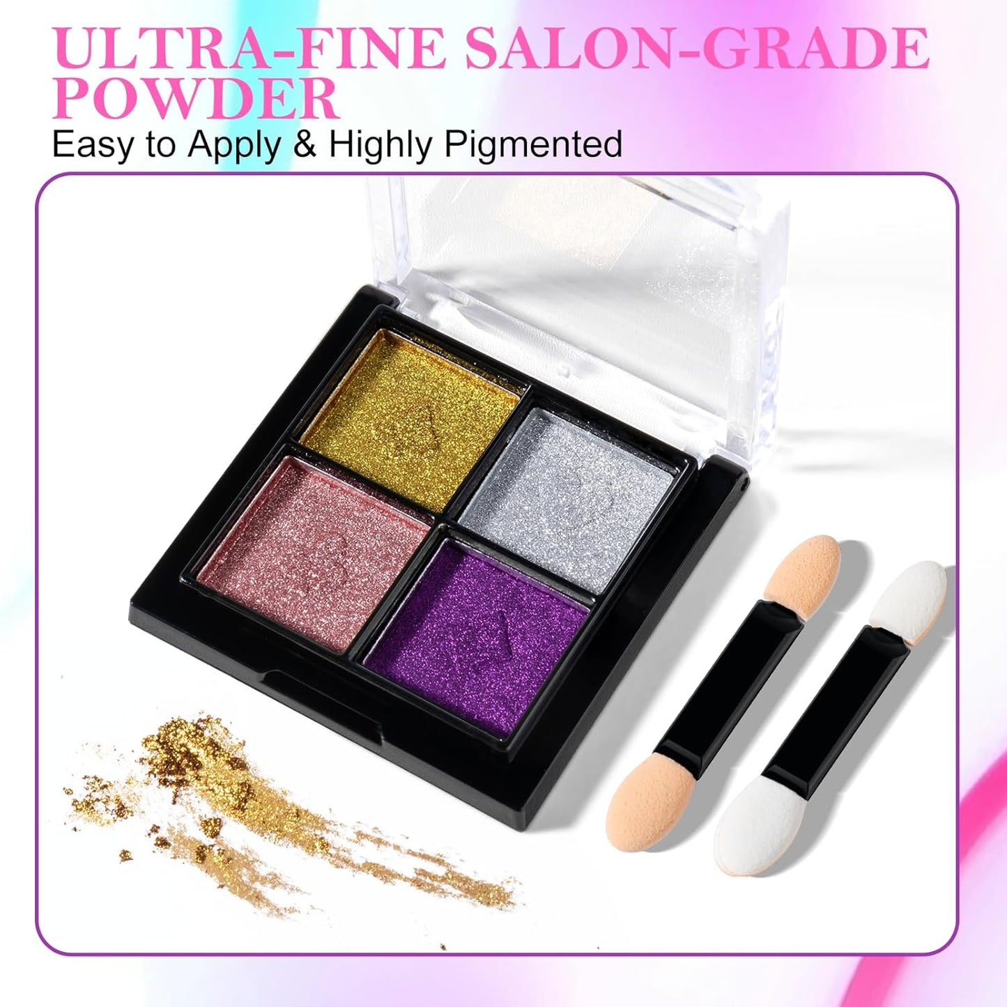 NXJ INFILILA Gold Silver Chrome Nail Powder, Metallic Mirror Pigment Glitter Effect 4 Colors Holographic Rose Gold Pink Chrome Powder for Gel Nails, Manicure Nail Art Decoration Gift for Women