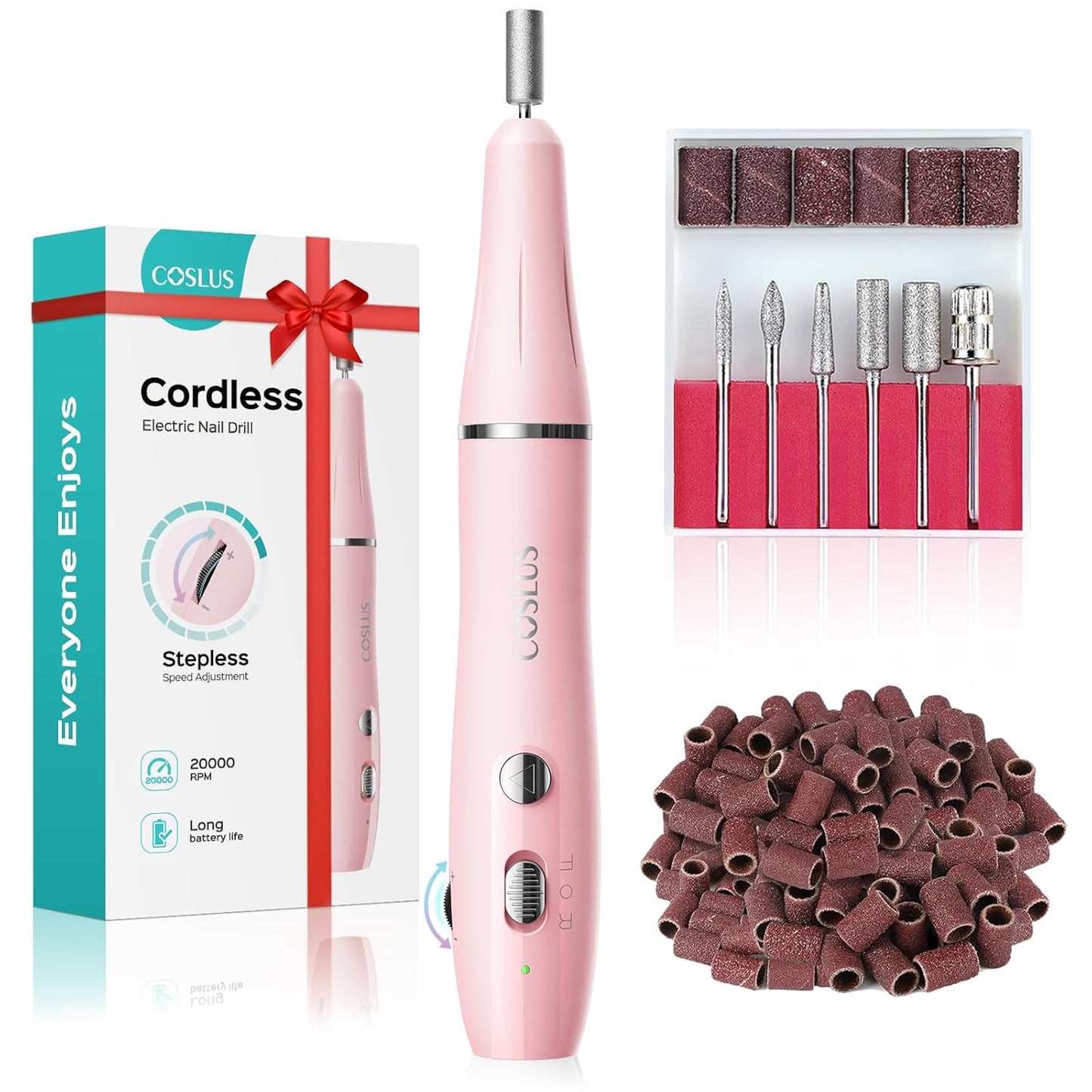 COSLUS Cordless Electric Nail Drill File: Nail Drill Machine with Stepless Speed Knob for Acrylic Gel Dip Powder Polish, Professional Portable Manicure Pedicure Rechargeable for Home Salon Use Pink