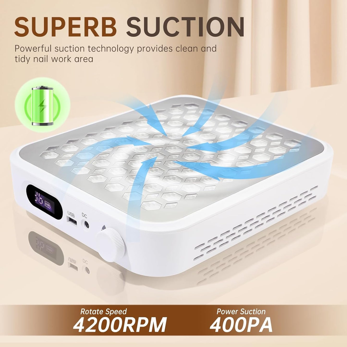 Nail Dust Collector, Rechargeable Dust Collector Nail Tech, Powerful Vacuum Fan Vent Dust Collector Extractor Dust Suction Machine for Acrylic Nails Polishing, Nail Salon&Home