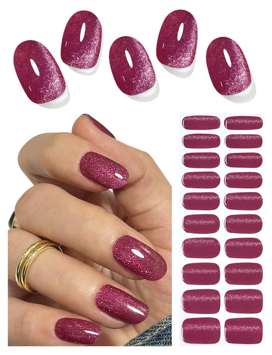 Semi Cured Gel Nail Strips, 20pcs Plum Cat Eye Gel Nail Stickers UV for Home Nails DIY
