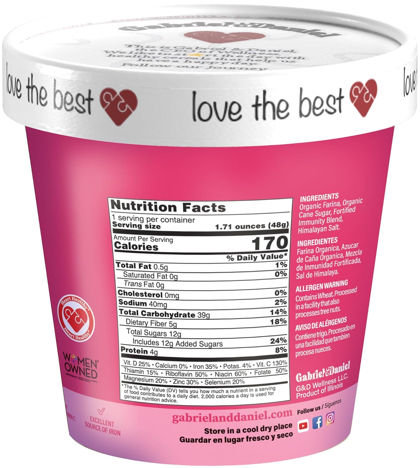 Gabriel & Daniel Organic Instant Creamy Wheat (Farina) Hot Cereal Cup – Non-GMO, Pure and Organic Breakfast Cereal – Rich in Iron & Vitamin C for a Nourishing and Quick Meal – Smooth & Creamy Texture (Pack of 6)