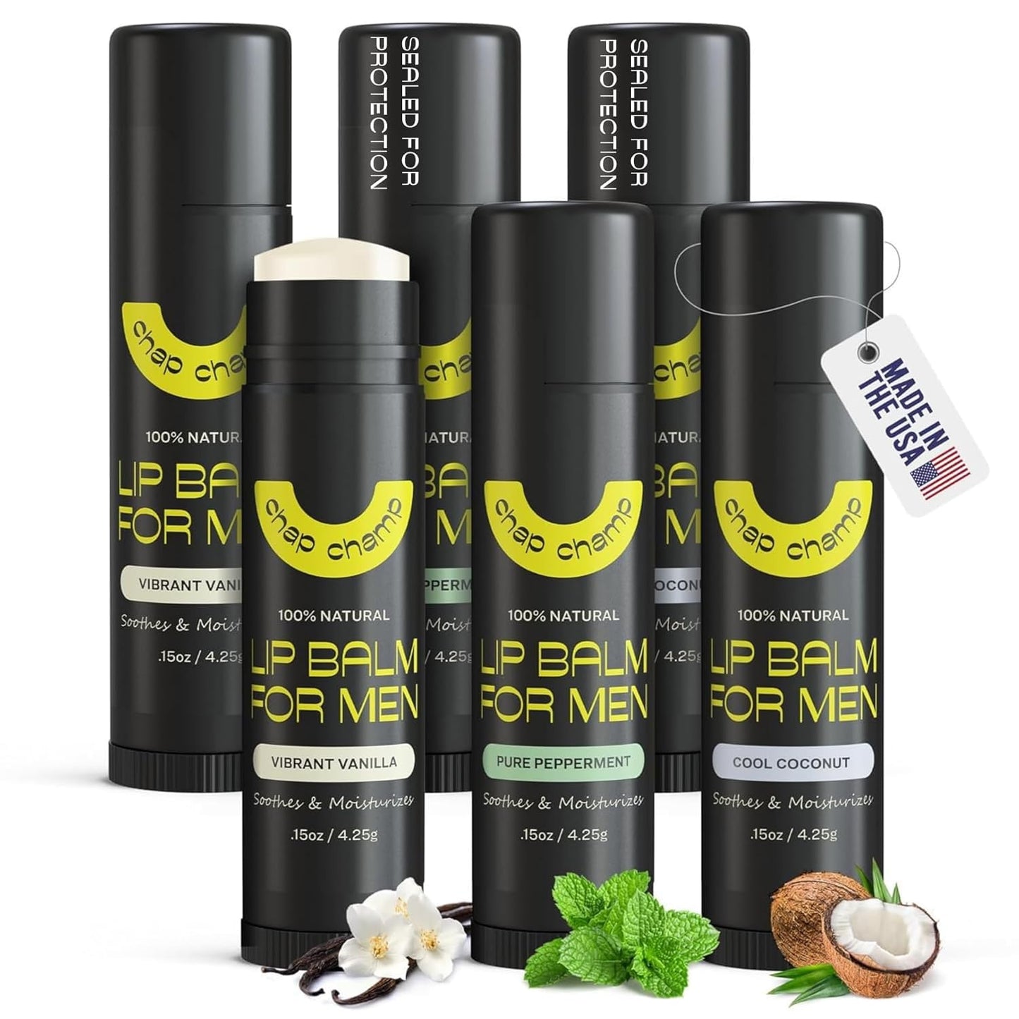 Lip Balm for Men - All Natural Mens Chapstick - Mens Lip Balm - Contains Vitamin E and Beeswax - Chapstick for Men - Peppermint, Coconut & Vanilla Lip Balm - Lip Balm Men (6 pack)