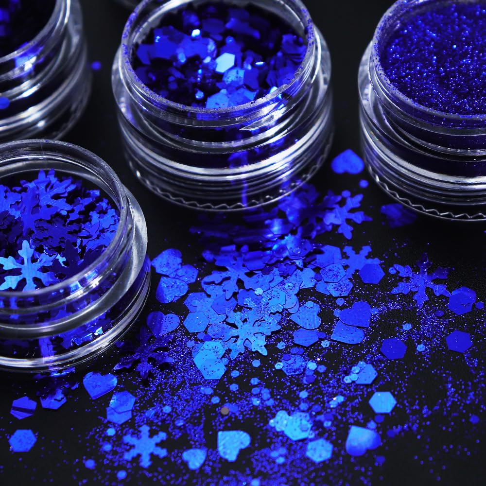 6Grids Christmas Nail Art Glitters Blue Nail Sequin 3D Snowflake Butterfly Heart Powder Nail Glitter Sequins Flakes DIY Winter Xmas Nail Decals for Women Girls Nail Art Decoration Accessories