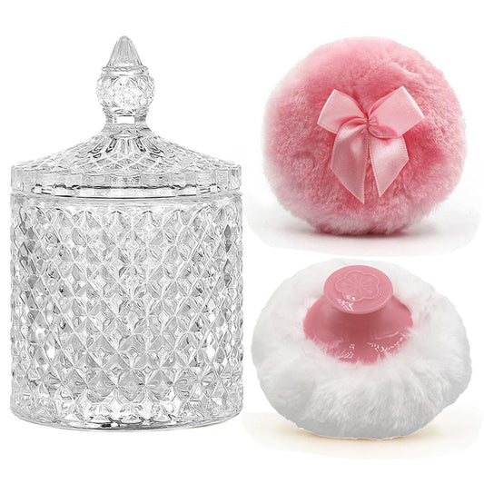 Luxury 4.2 Inch Glass Powder Container with 2 Plush Puffs｜Non-Sealed Refillable Organizer for Body Powder&Makeup｜Setting Powder Applicator w/Loose Powder Storage(Pointed Cylinder-Clear-Large)
