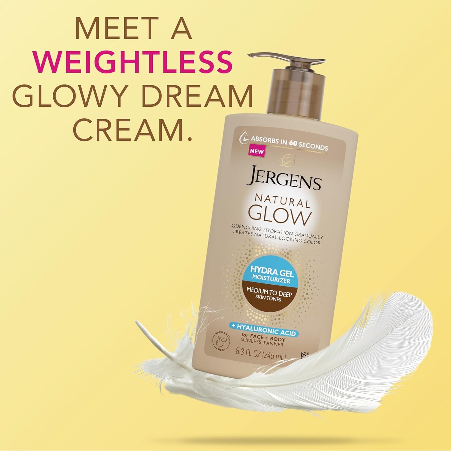 Jergens Natural Glow Hydra Gel Moisturizer, Gradual Tanning Lotion with Hyaluronic Acid, Hydrating Tanning Gel, Fragrance-Free Self Tanner, Medium to Deep Skin Tones 8.3 Fl Oz