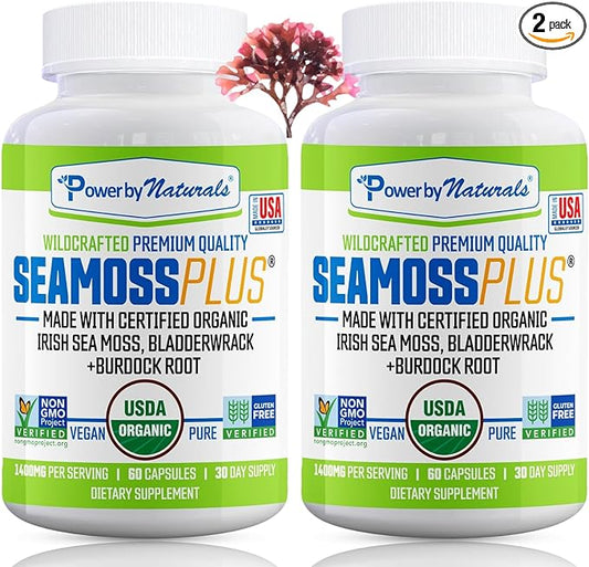 Power By Naturals Sea Moss Plus - USDA Certified Organic Wildcrafted Irish Seamoss, Bladderwrack & Burdock Root, Supplement for Immunity, 60Ct, 2 Pack