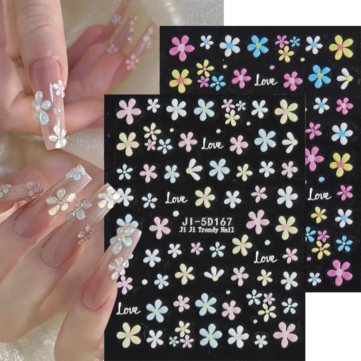 5D Embossed Flower Nail Stickers, 5PCS Colorful Floral Nail Art Stickers Pink Cherry Blossom Hibiscus Daisy Nail Decals Self-Adhesive Pegatinas para Uñas Spring Summer Decoration