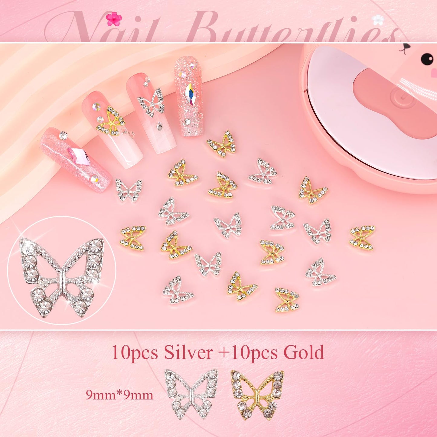 3D Nail Charms and Gems Set 2 with Rhinestone Glue, 20PCS Gold and Silver Chunky Butterfly Nail Charms, 3D Flowers for Nails, Flatback Crystals and Pearls + Diamonds + Picker Tool for Y2K Nail Decor