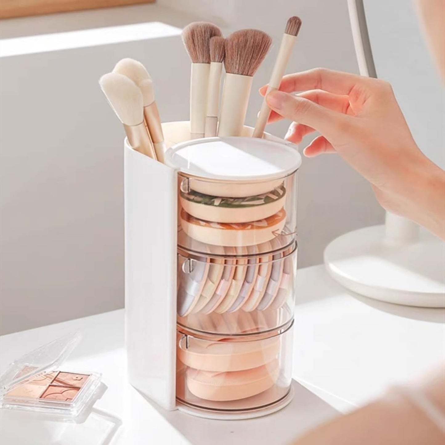 Hair Accessories Organizer with Hair Brush Holder, Rotatable Makeup Brush Holder for Necklaces, Earring, Bracelet, Ring, Makeup Brushes, Hair Clip and Hair Accessories (White, 3-Layer)