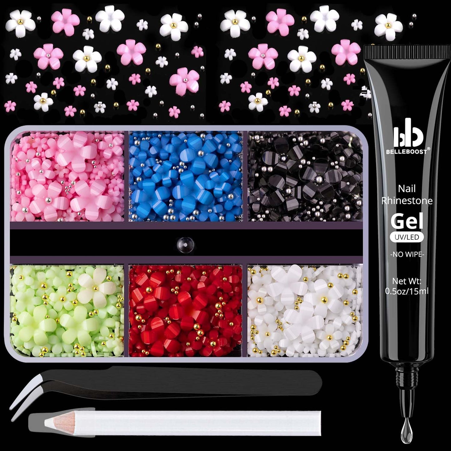 3D Flowers, Manicure Kit with Nail Rhinestone Glue Gel, Colorful Acrylic Flower Nail Charms with Caviar Beads, Rhinestones for Nails + Gem Glue for Nails (UV/LED Needed) with Pickup & Dotting Tools