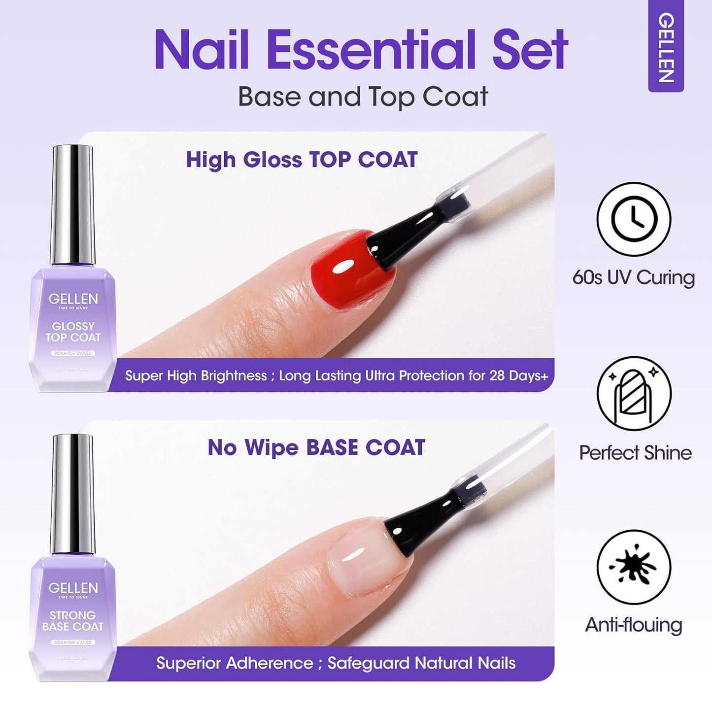 GELLEN Top Base Coat Gel with Nail Dehydrator, 18ml Hema-Free Acid-Free No Wipe Strong Base Ultra Glossy Top for for Long-Lasting Acrylic, Gel Polish, Builder Gel, Nail Tech Supplies