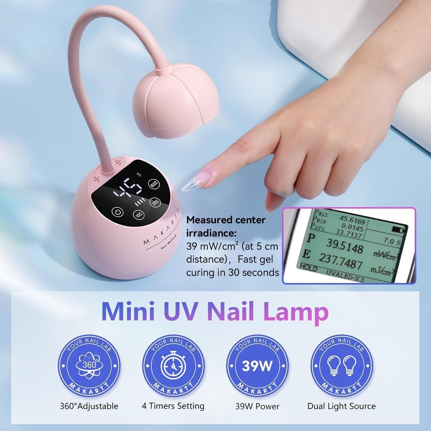 Makartt UV LED Nail Lamp - Gooseneck UV Light for Gel Nails Cherie Cordless USB 39W Nail Dryer Gel Lamp with 4 Times & Auto Sensor Professional Fast Flash Curing Polish Nail Art