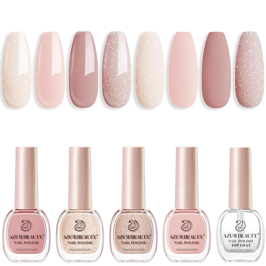 AZUREBEAUTY Nail Polish Set, 4 Colors Nude SKin Glitter Pearl Long Lasting All Season Quick Dry Natural Fingernail Lacquer Strengthening Treatment Kit 10ML with Top Coat DIY Salon at Home