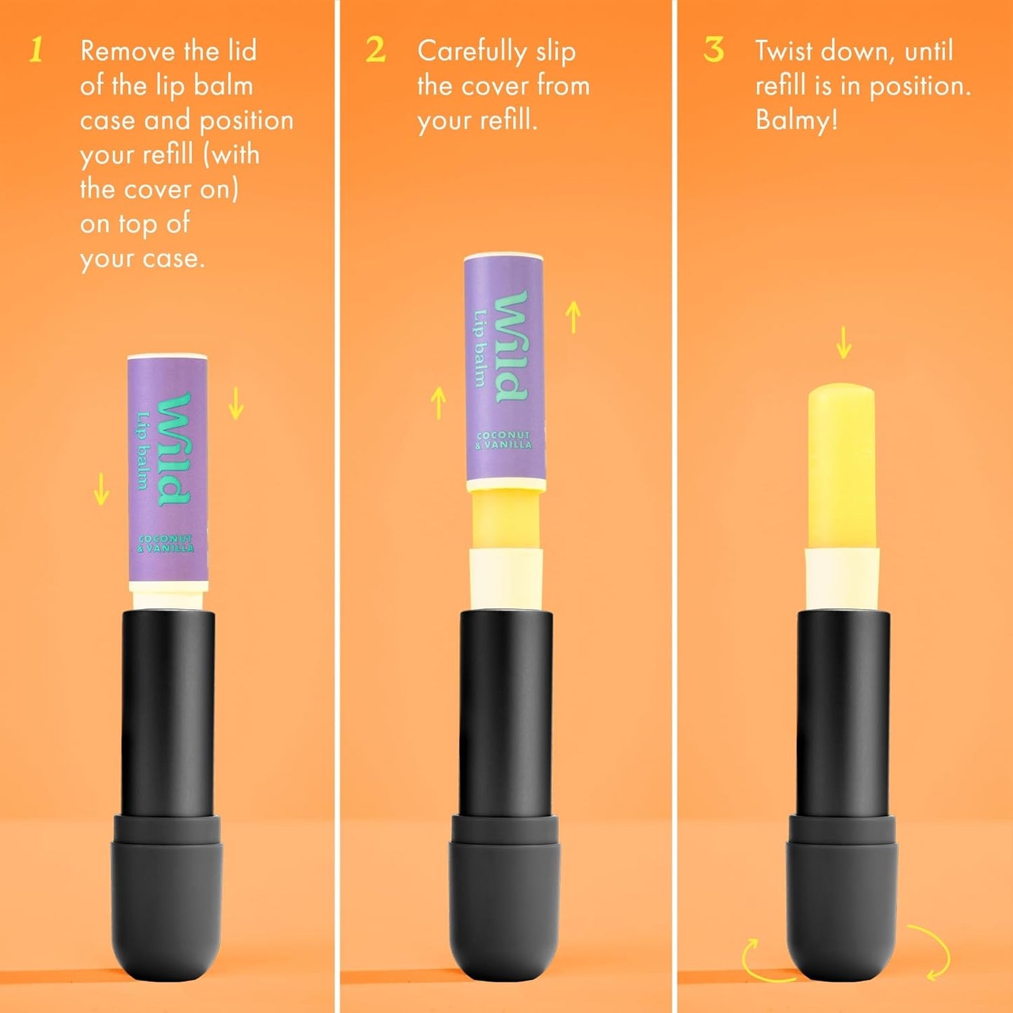 Wild Refillable Lip Balm Starter Kit - Includes Black Aluminum Case & 3 Pack Lip Balm Refills in a Variety of Scents - Includes Passionfruit Swirl, Original and Coconut & Vanilla Scents
