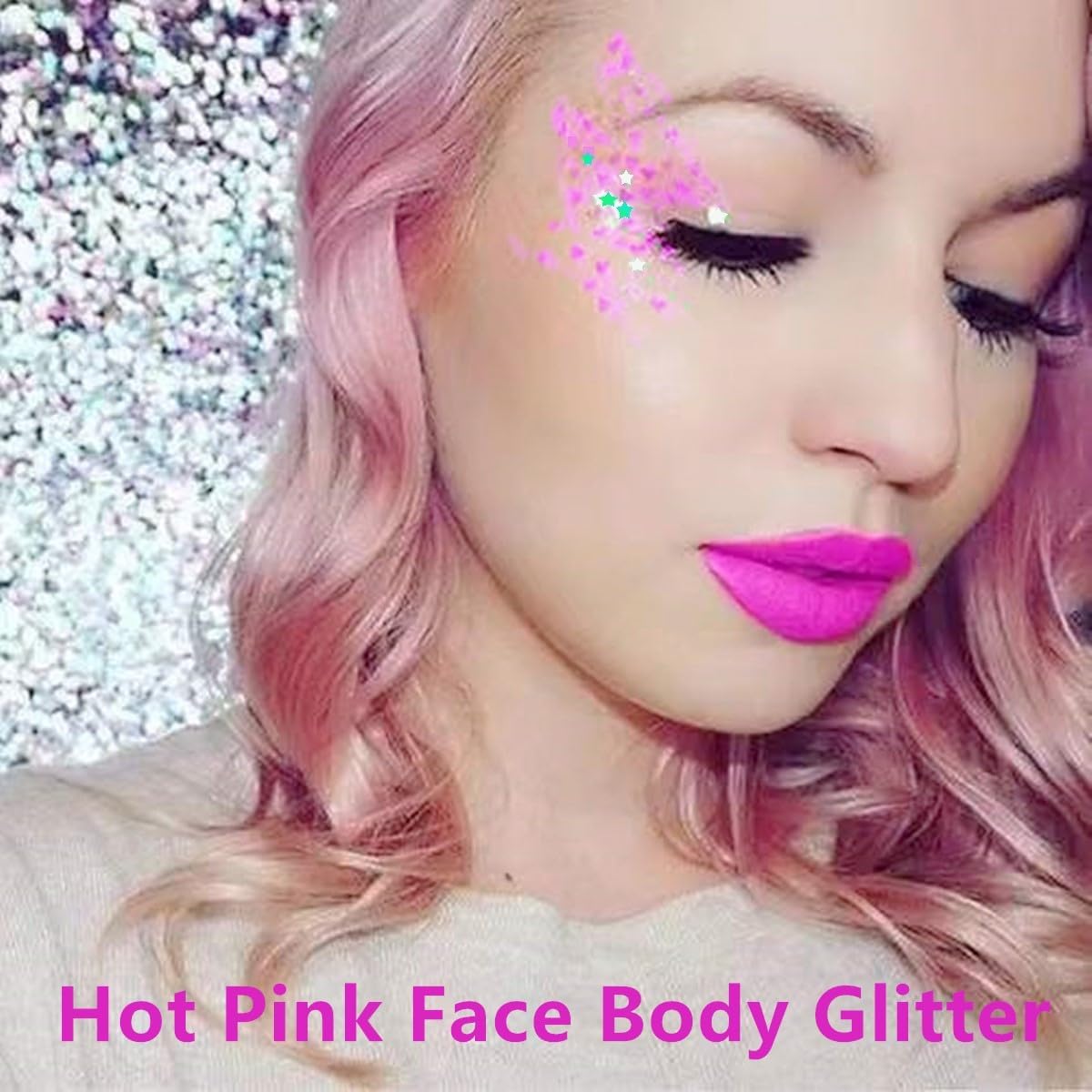 Go Ho Hot Pink Face Body Glitter Gel,Singer Concerts Hot Pink Face Paint Makeup,Holographic Chunky Sequins Glitters for Eye Lip Hair Nails,Festival Rave Accessories,52g