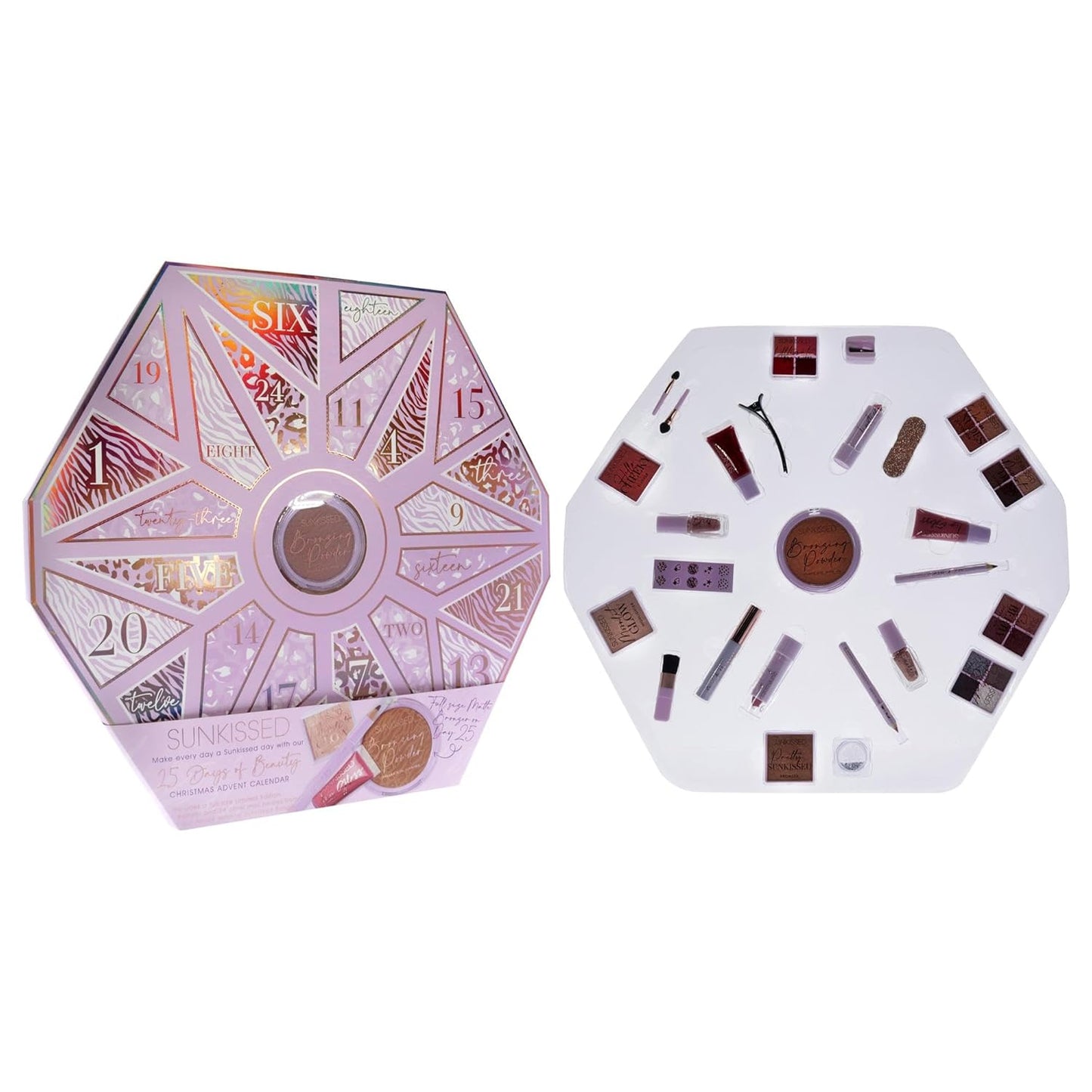 Sunkissed Christmas 25 Days of Beauty - Face, Lips and Eye Makeup - 2 Nail Polishes and 3 Cosmetic Brush Applicators - Vegan Formula - 25 Makeup Products and Accessories - 1 pc Gift Set