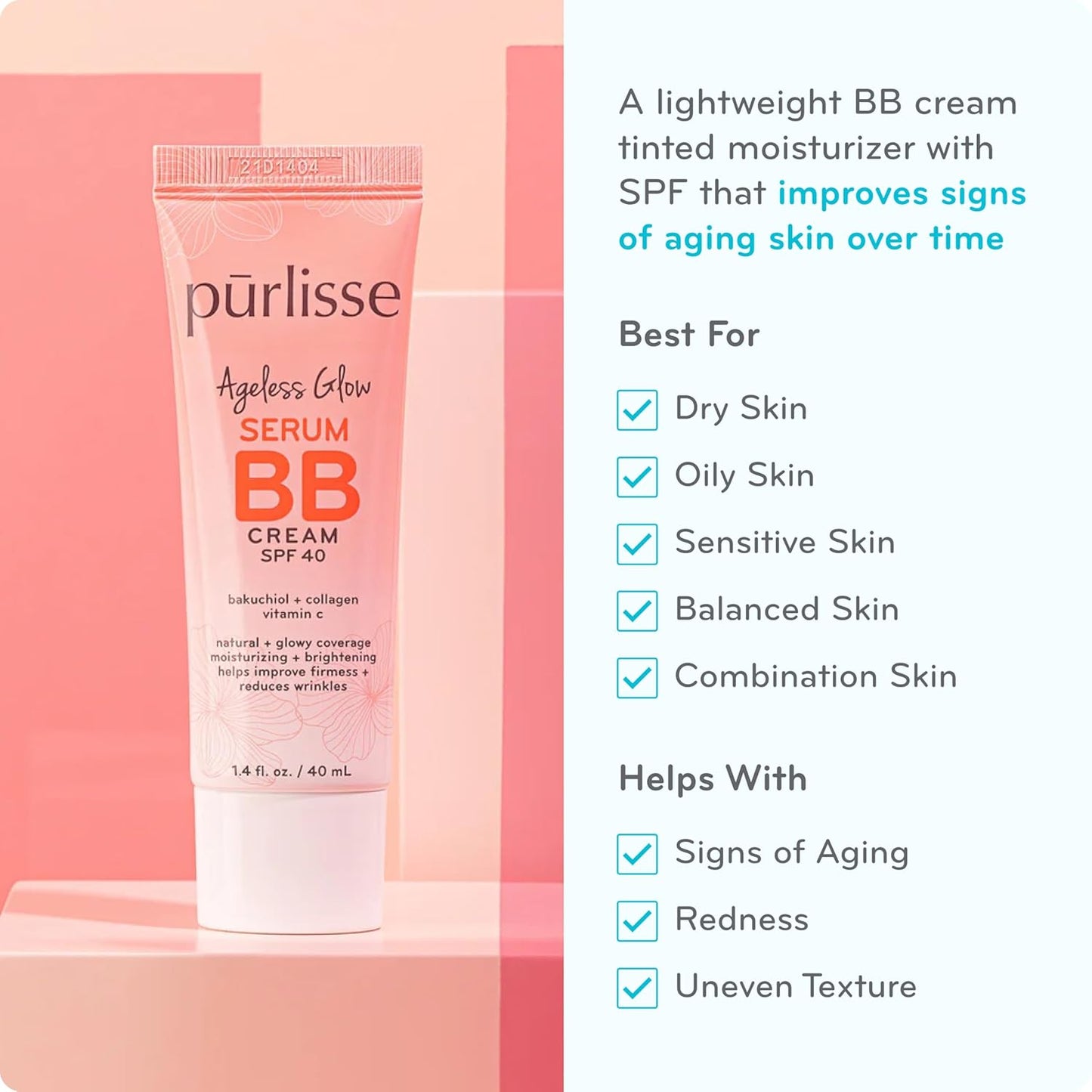 pūrlisse Ageless Glow Serum BB Cream SPF 40 - Glow BB Cream with SPF Enriched with Bakuchiol & Vitamin C to Help Improve Firmness & Reduce Wrinkles for Dewy Skin - Tan (1.4 oz)
