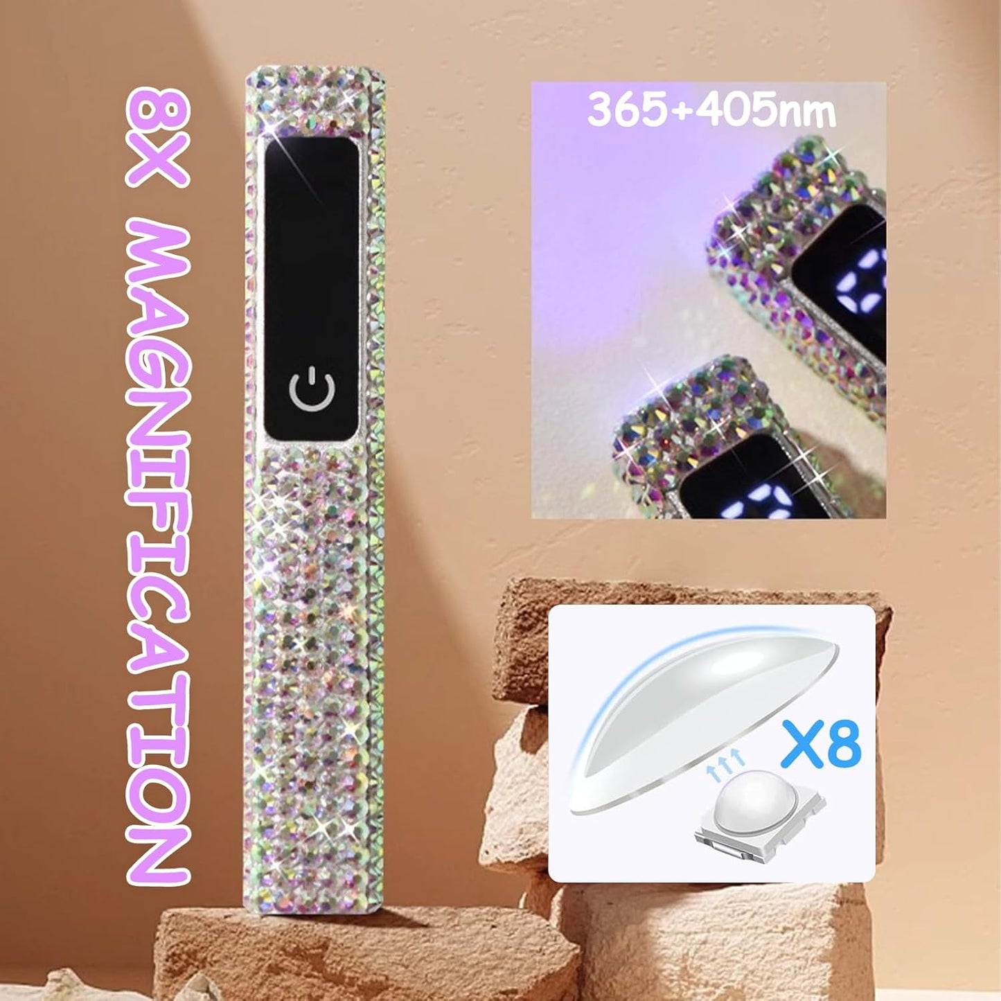 Crystal Rhinestone UV Nail Lamp, Artificial Bling Handheld UV Light for Nails, Portable Mini Nail Light with 2 Timer and LED Display, Rechargeable USB Nail Dryer for Fast Curing Gel Polish