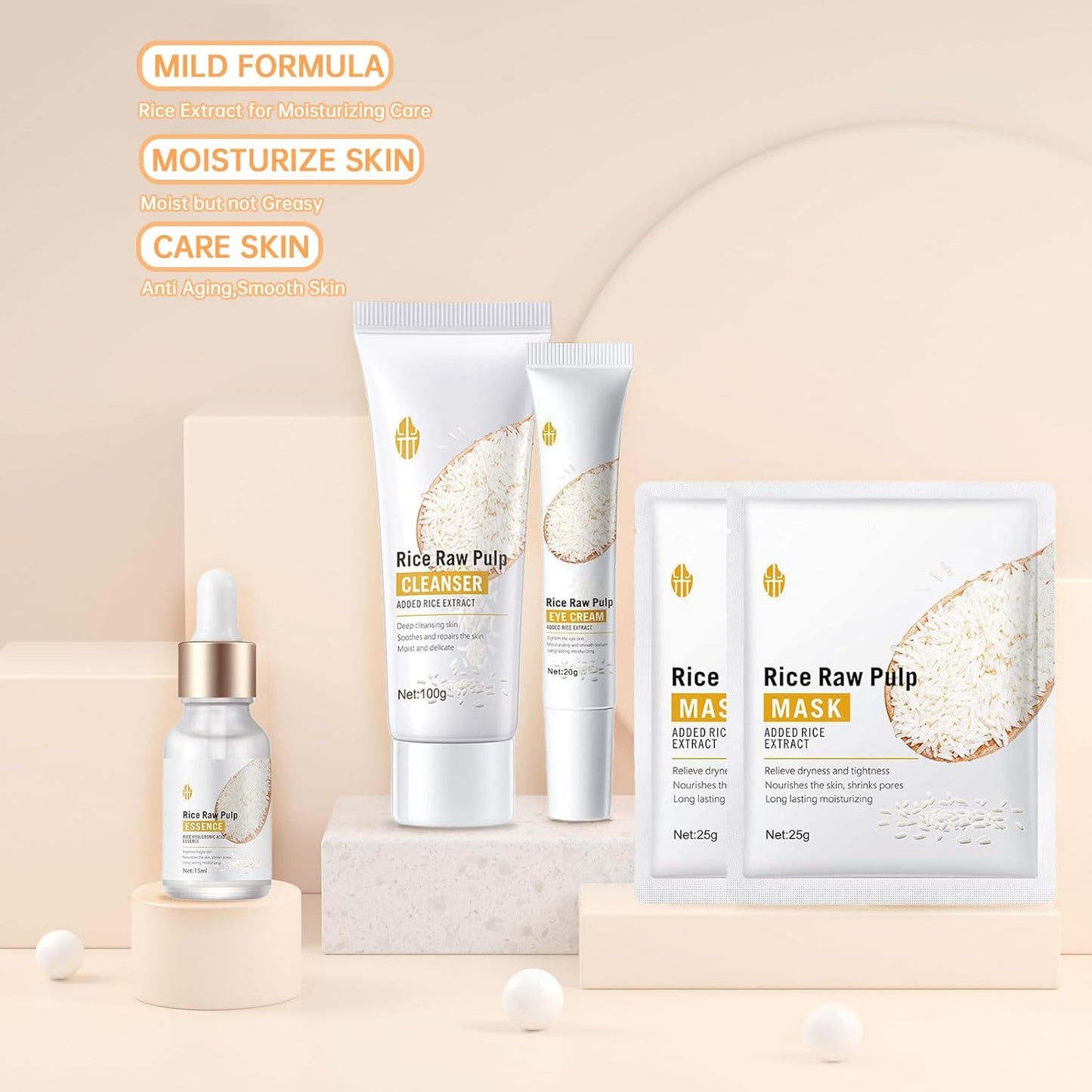 Rice Skin Care Sets For Women, 5/6Pcs Skin Care Kit, Moisturizing Skin Care Gift Set , Face Care Kit Inclusde Rice Mask, Cleanser, Toner, Lotion, Eyecream, Face Serum (5pcs Rice Raw Pulp)