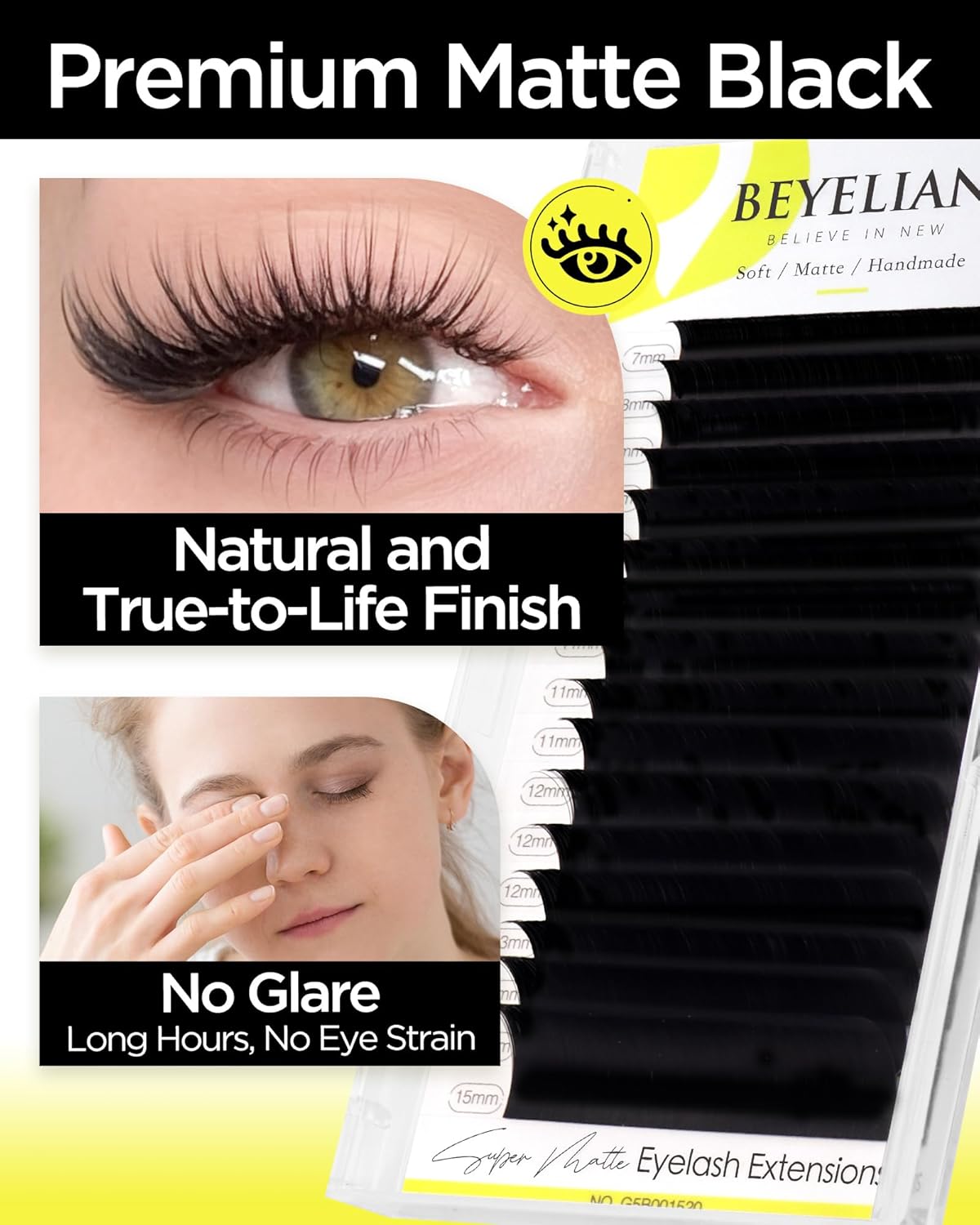 BEYELIAN Eyelash Extension 0.05 D+ Curl 7-15mm Mixed Tray Easy Fan Lash Extensions Volume Lashes Professional Use Natural Matte Black (0.05 D+ 7-15mm Mix)