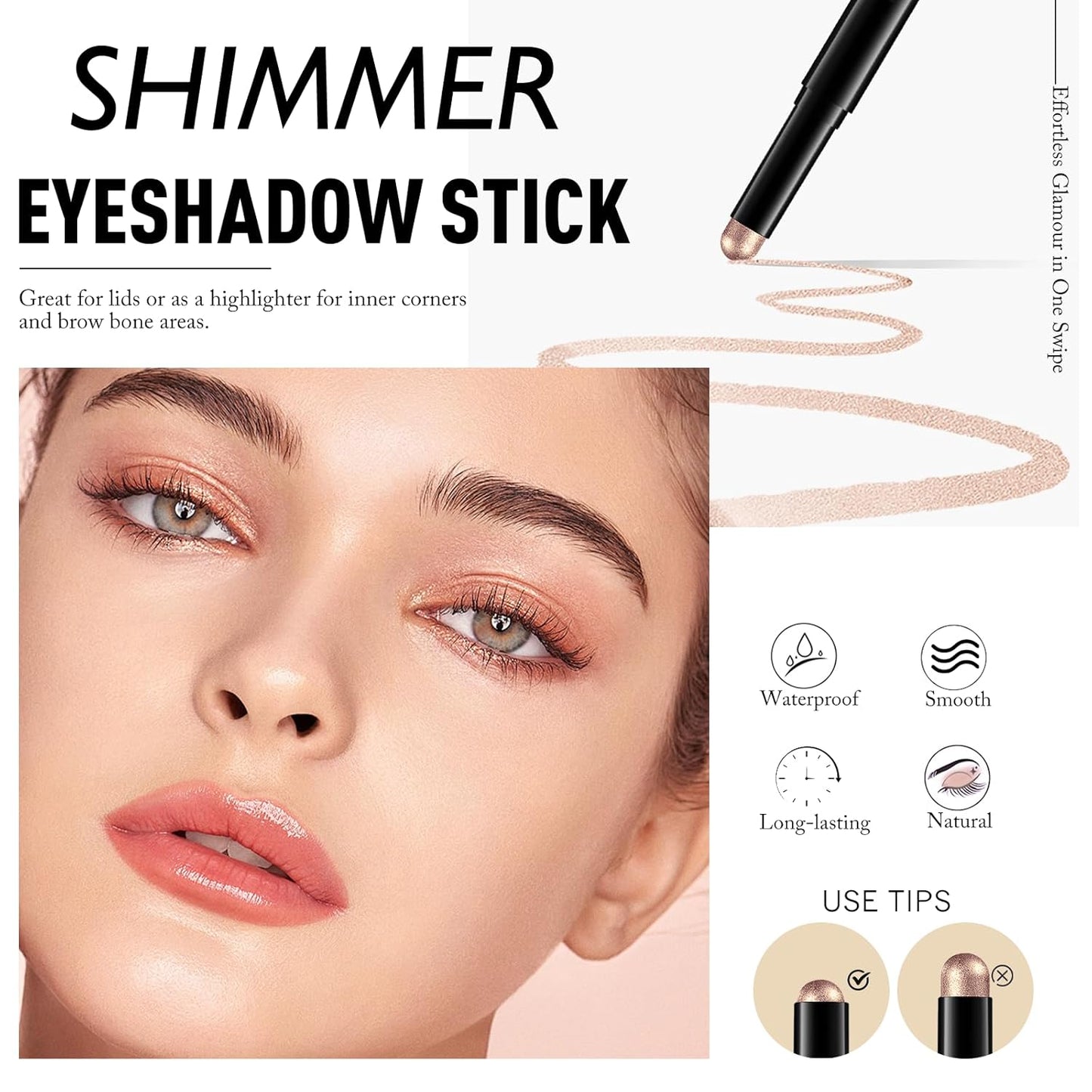 Champagne Pink Shimmer Eyeshadow Stick, Waterproof Cream Eye Shadow Pencil Long-Lasting Crease-Proof Glitter Eyeshadow Crayon Smooth High Pigmented Highlighter Neutral Eye Shadow Liner Makeup