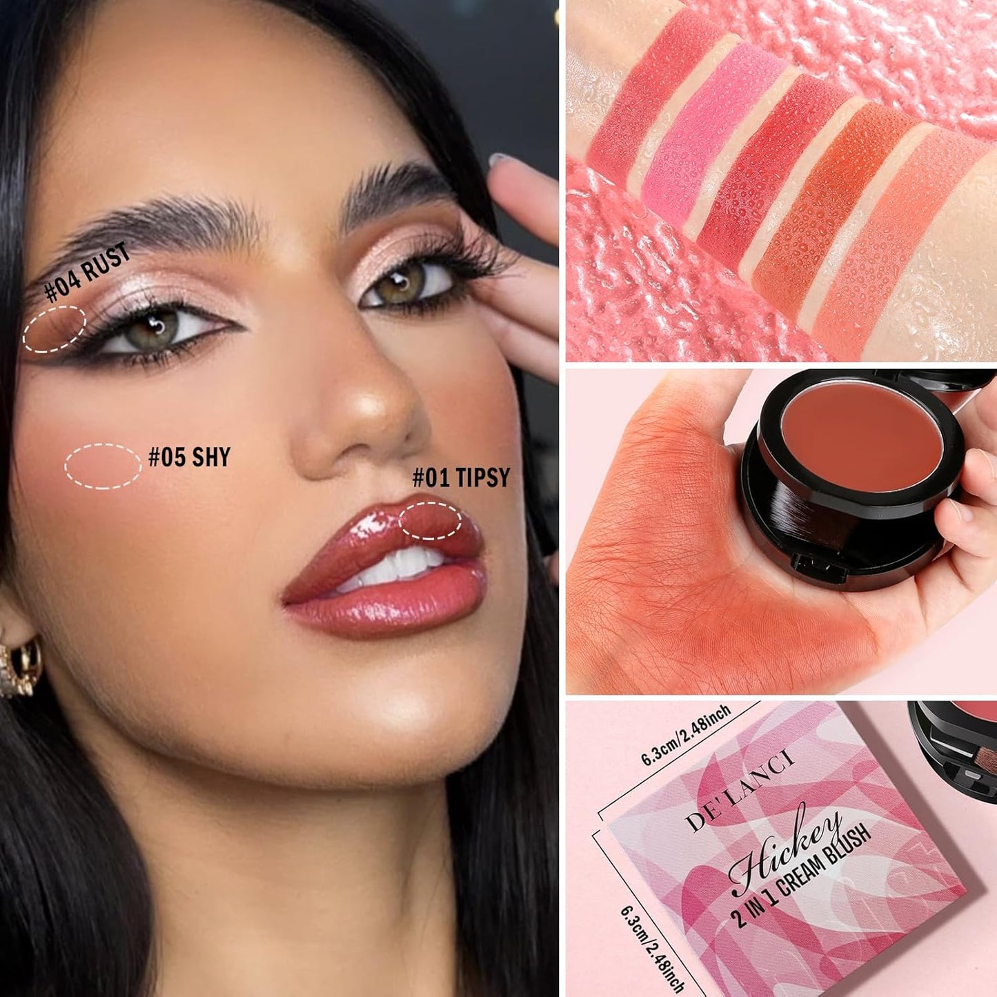 DE'LANCI 2 In 1 Cream Blush for Cheeks & Lips & Eyeshadow in a Waterproof Smooth Moisturizing Creamy Formula, Buildable Lightweight Red Blush Balm with Built-in Brush and Mirror, Easy to Use, Rust