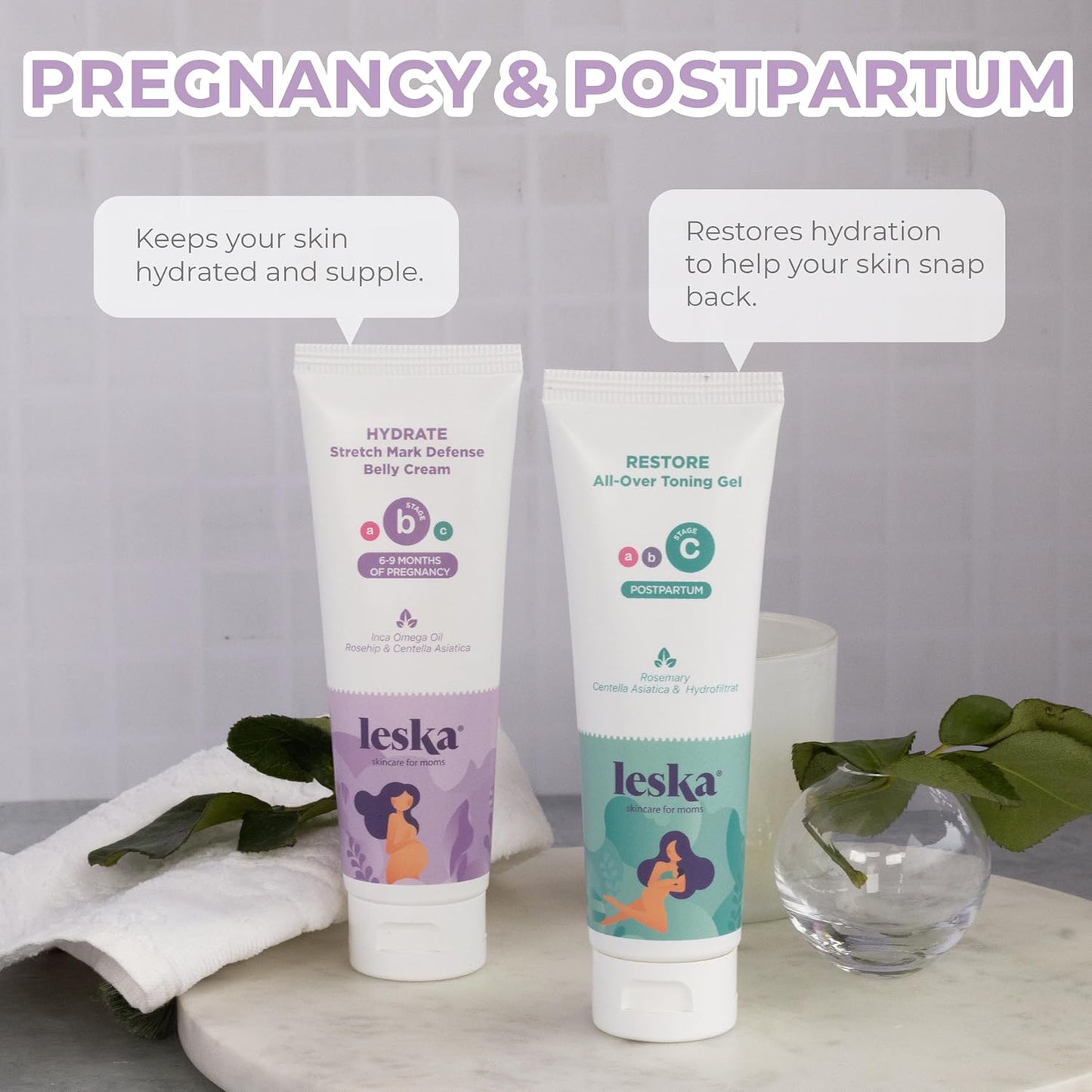 Leska Maternity Stages B & C Set | HYDRATE Belly Cream & RESTORE All-Over Toning Gel | Pregnant Moms Months 6-9 and Postpartum | Part of Complete 3-Part Maternity Skin Care System (Set of 2, 4oz each)